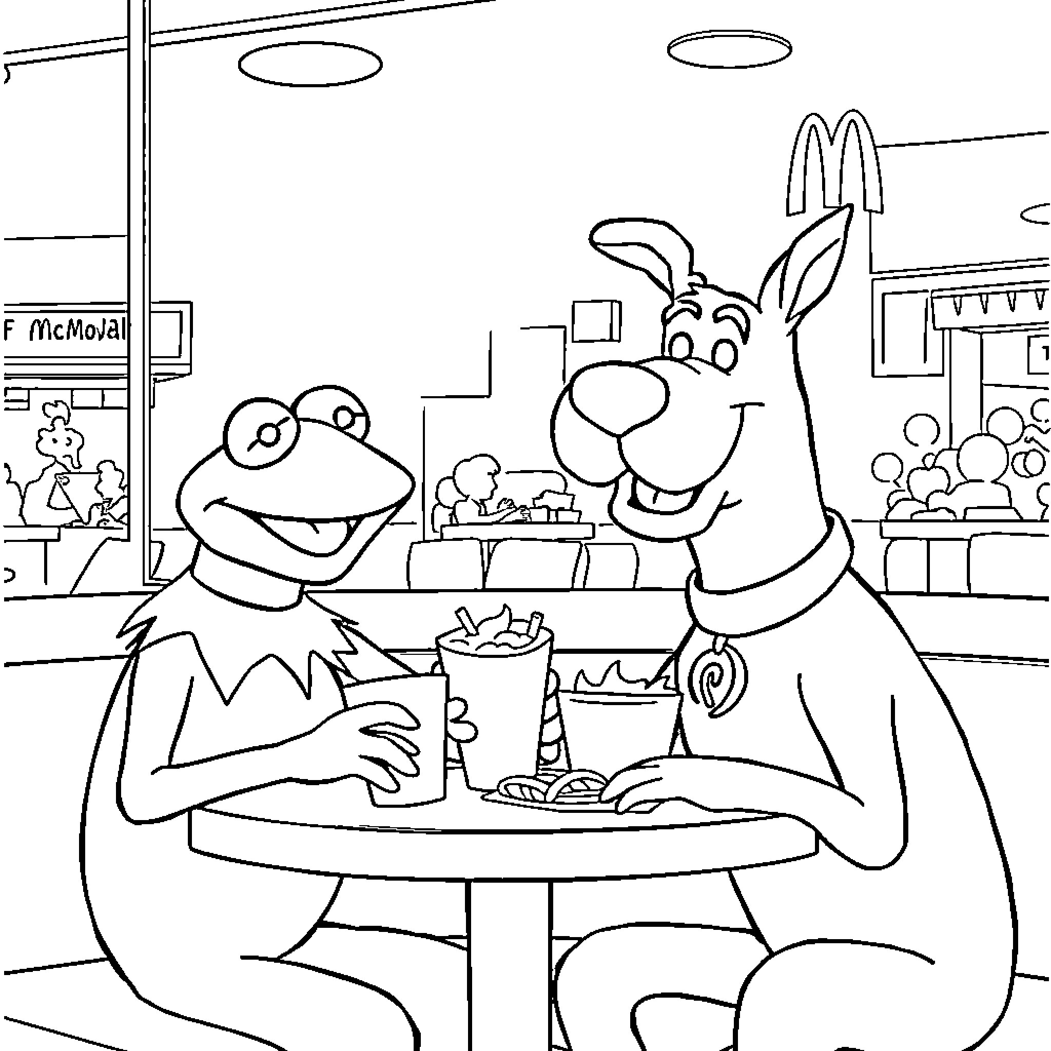 Kermit and friends enjoying fast food meal Coloring Page (free black-and-white line drawing printable PDF for all, from beginners to advanced learners, including children, teens, adults, and seniors)