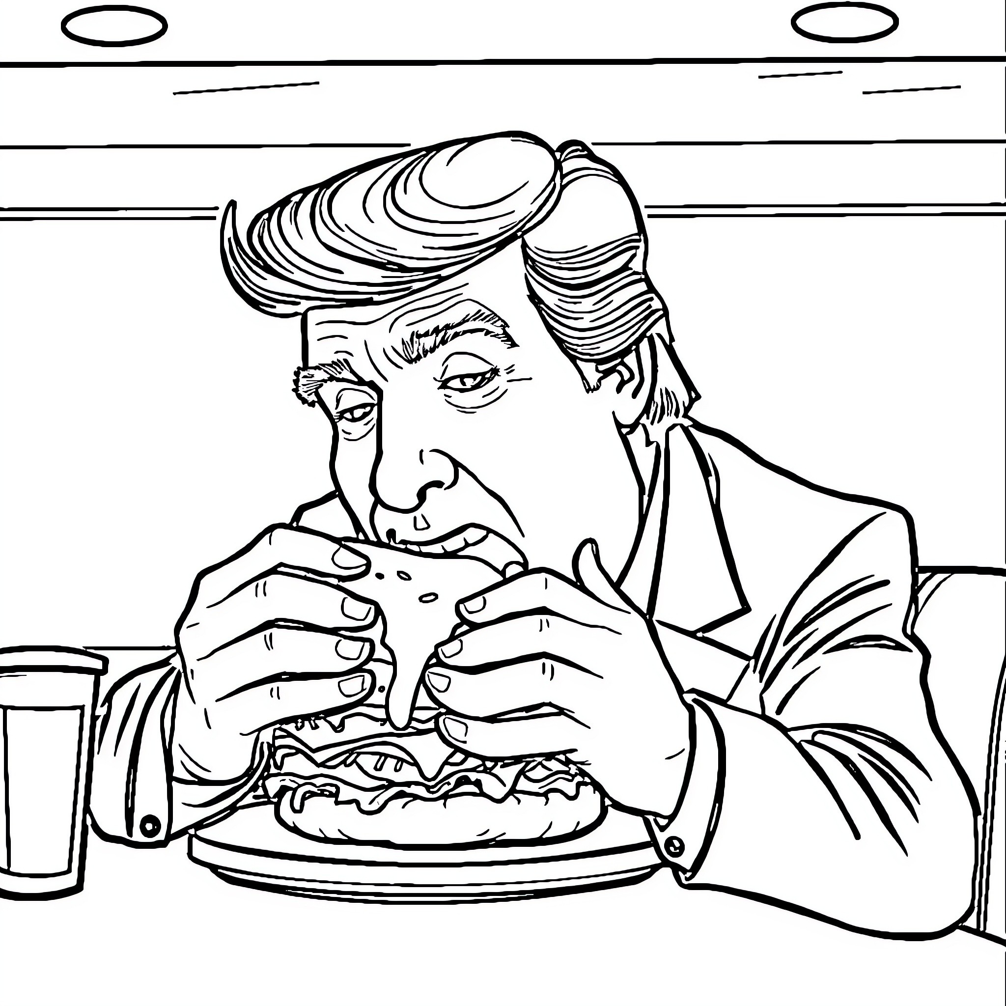 Donald Trump enjoying a lavish meal Coloring Page (free black-and-white line drawing printable PDF for all, from beginners to advanced learners, including children, teens, adults, and seniors)