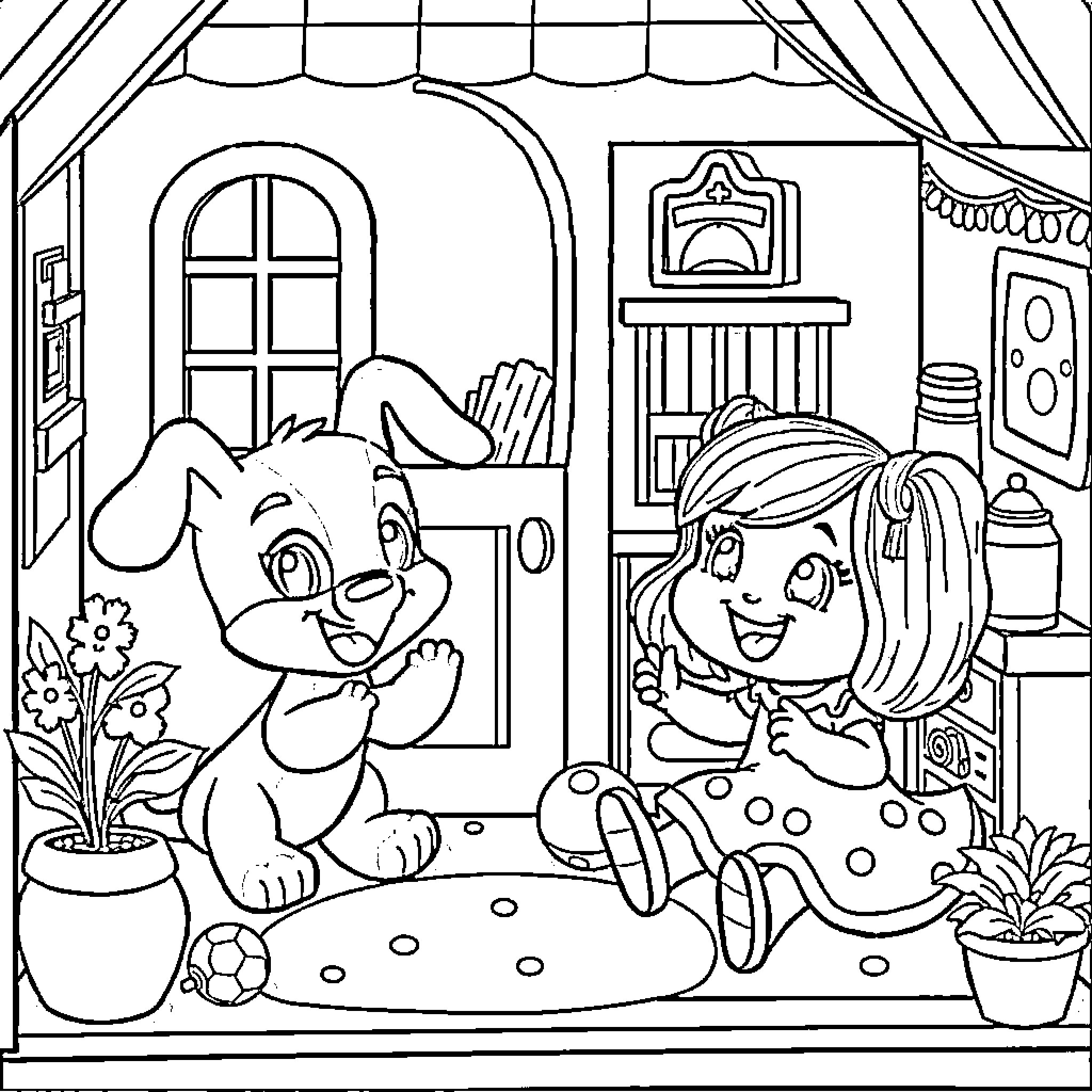 Bluey and friend playing happily in a cozy room Coloring Page (free black-and-white line drawing printable PDF for all, from beginners to advanced learners, including children, teens, adults, and seniors)