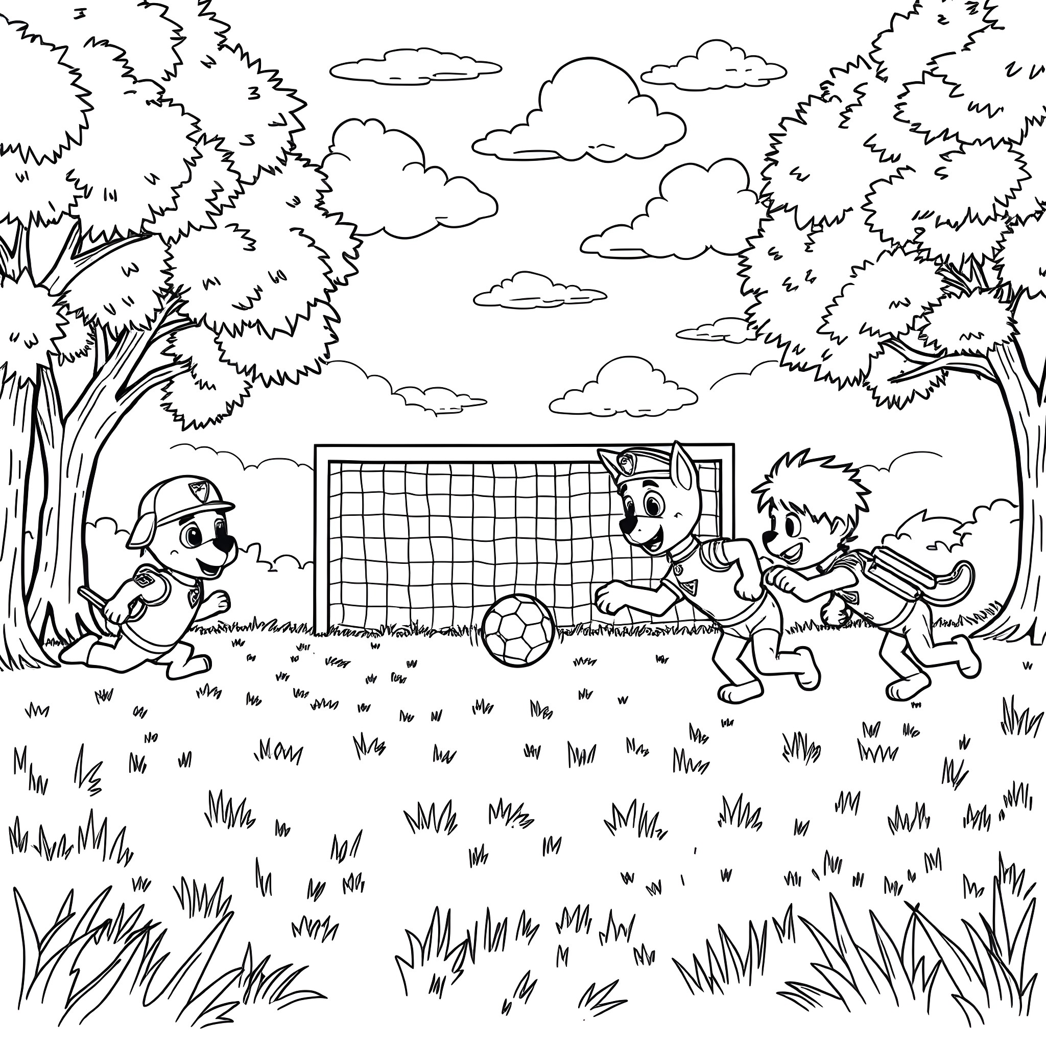 Pat's Playground: Children Playing Soccer in the Park Coloring Page (free black-and-white line drawing printable PDF for all, from beginners to advanced learners, including children, teens, adults, and seniors)