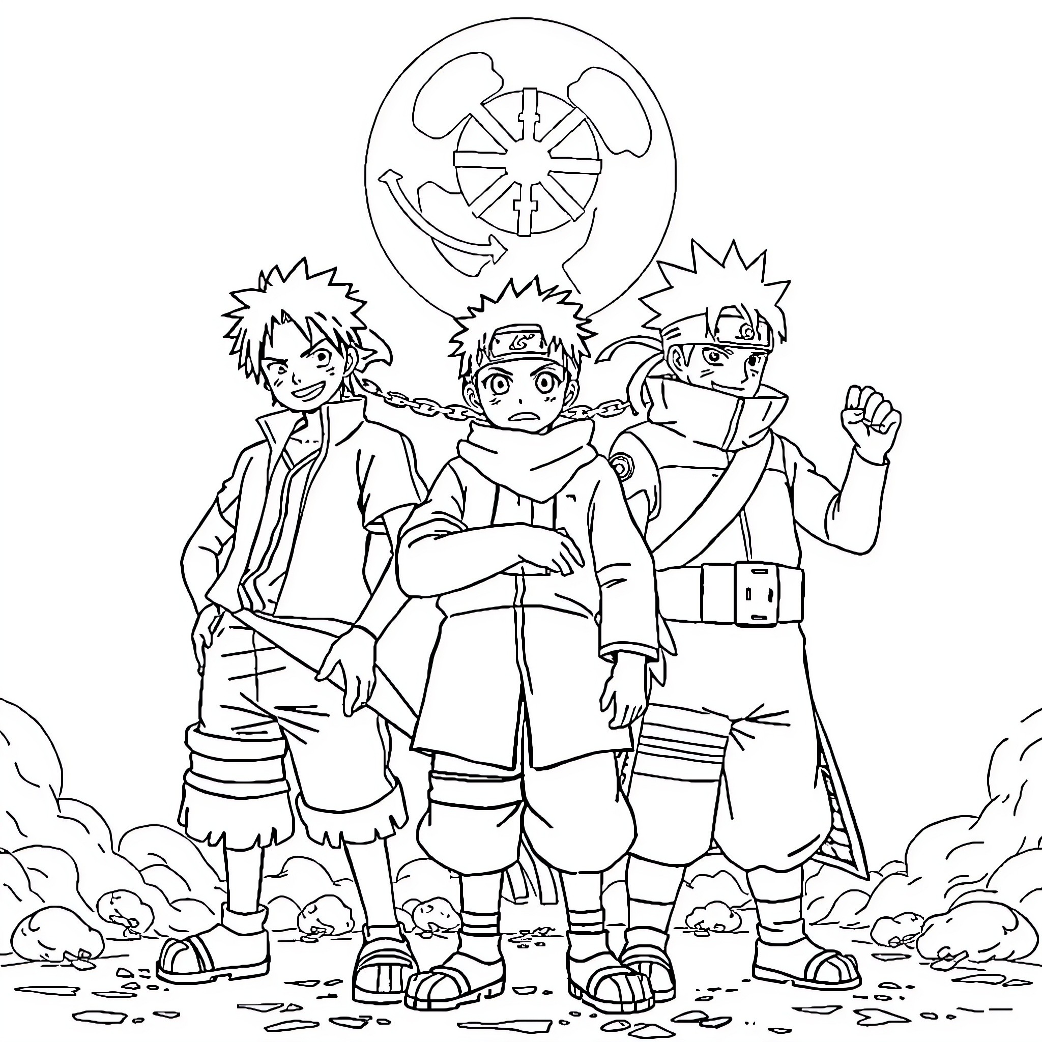 Luffy and friends in animated adventure Coloring Page (free black-and-white line drawing printable PDF for all, from beginners to advanced learners, including children, teens, adults, and seniors)