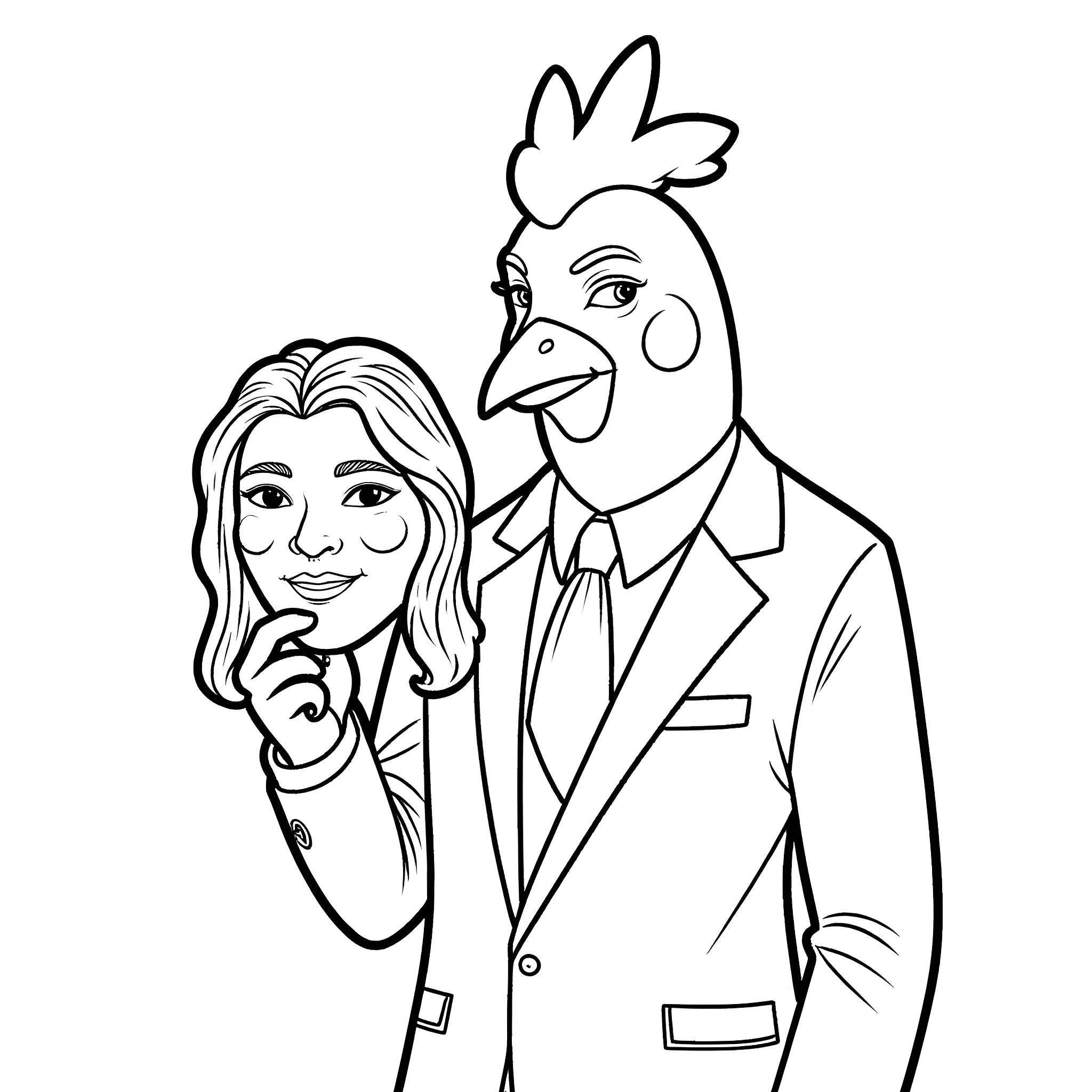 Man in chicken costume with woman in formal attire Coloring Page (free black-and-white line drawing printable PDF for all, from beginners to advanced learners, including children, teens, adults, and seniors)