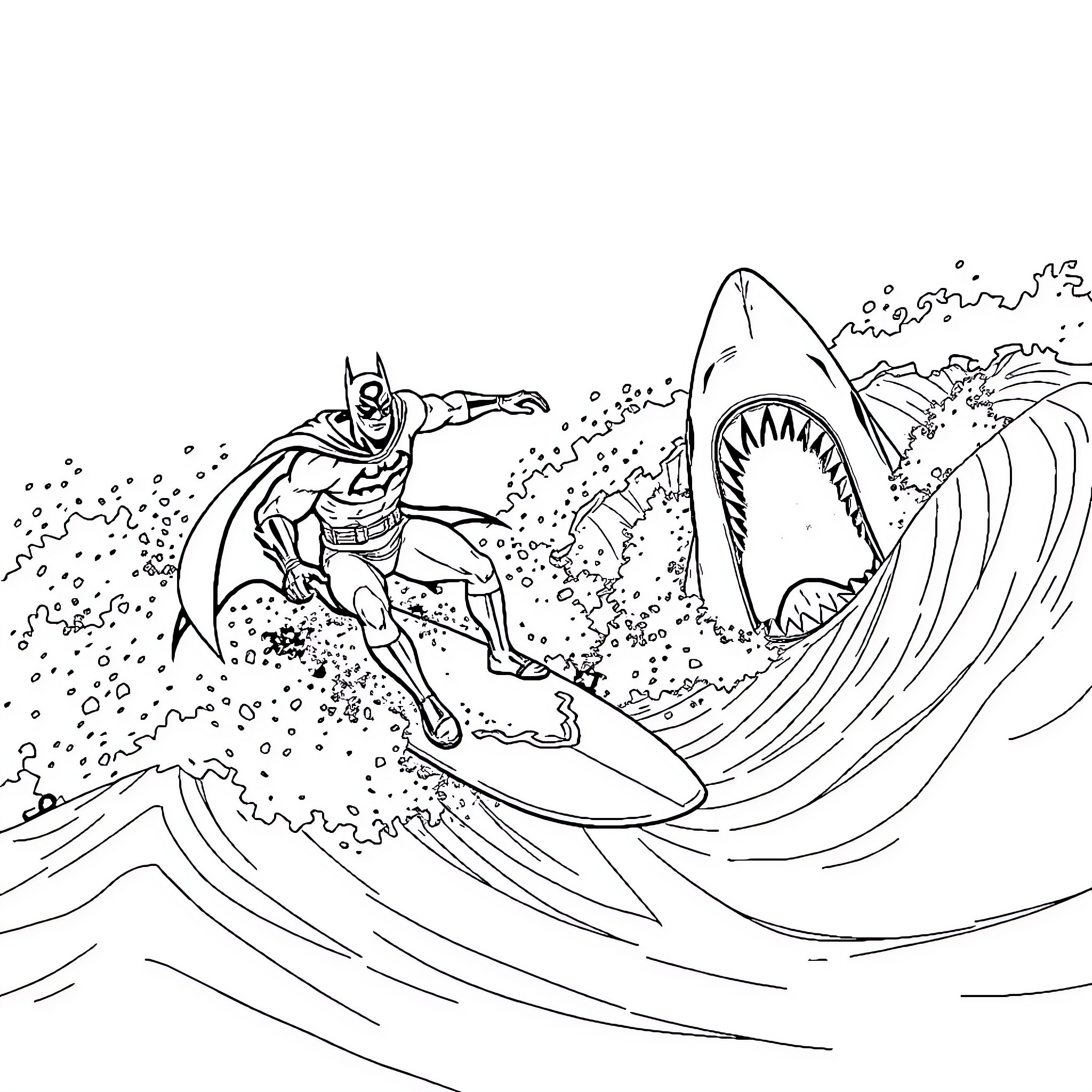 Batman surfing and evading a giant shark Coloring Page (free black-and-white line drawing printable PDF for all, from beginners to advanced learners, including children, teens, adults, and seniors)