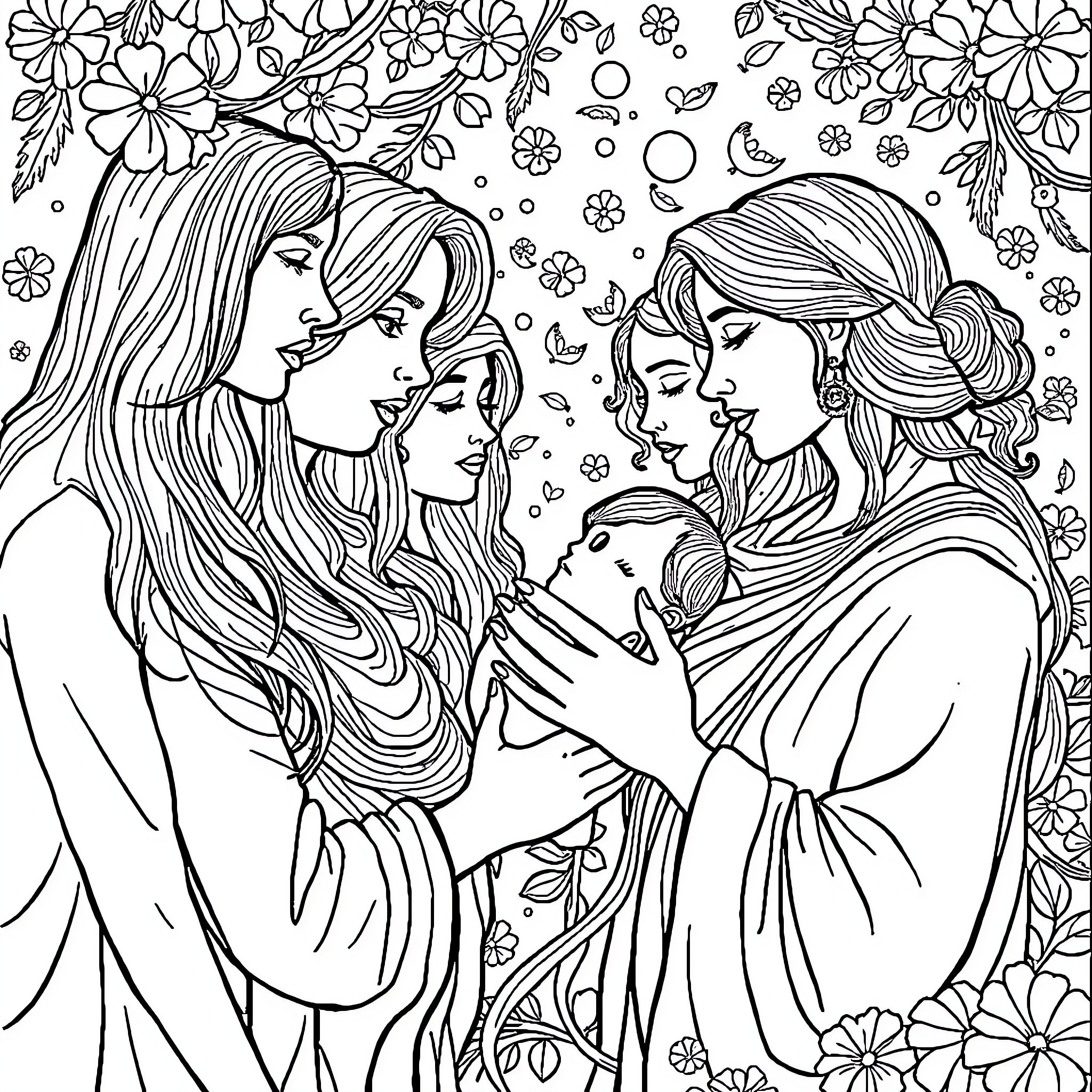 Man and woman embrace in a floral garden Coloring Page (free black-and-white line drawing printable PDF for all, from beginners to advanced learners, including children, teens, adults, and seniors)