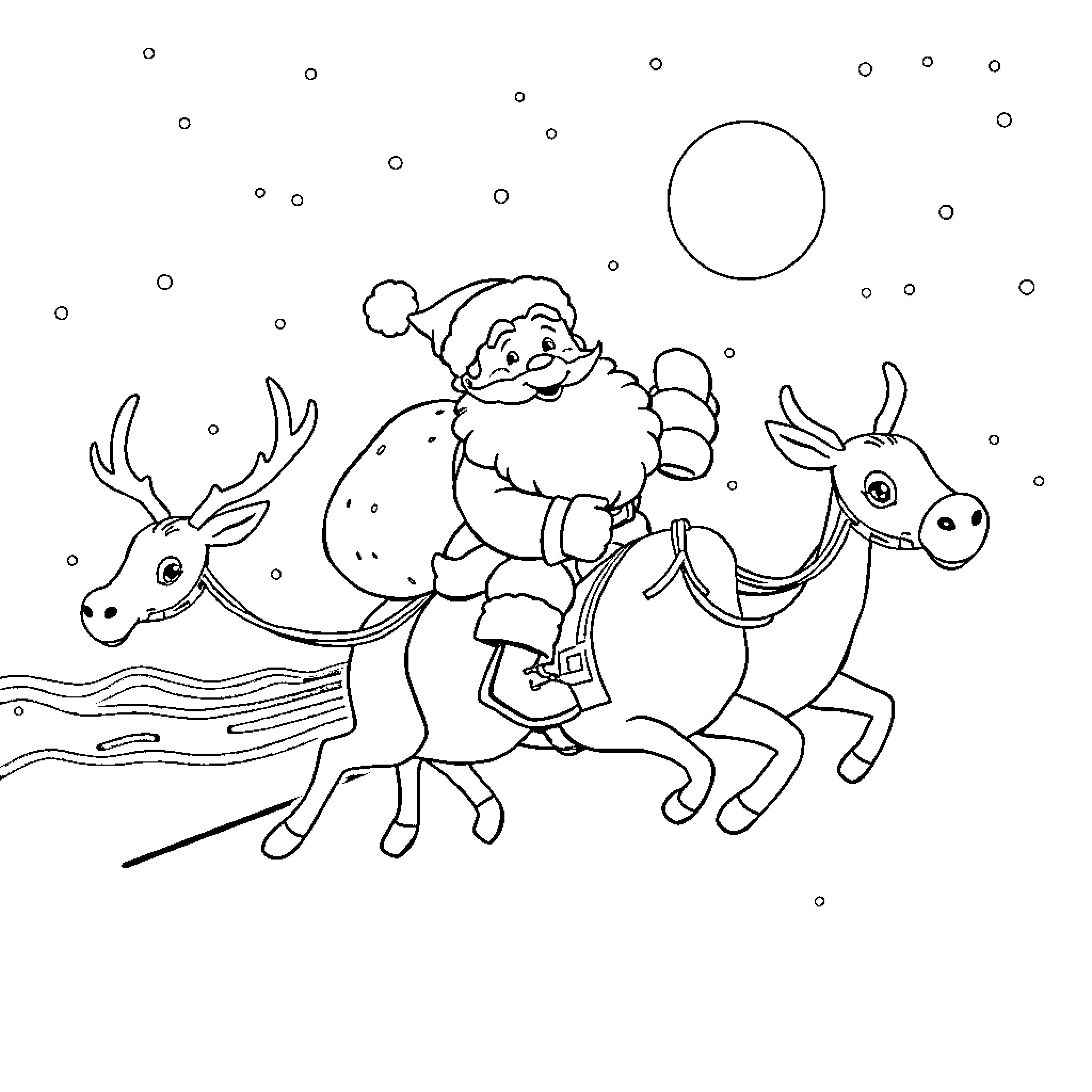 Santa riding on a reindeer through a snowy night Coloring Page (free black-and-white line drawing printable PDF for all, from beginners to advanced learners, including children, teens, adults, and seniors)