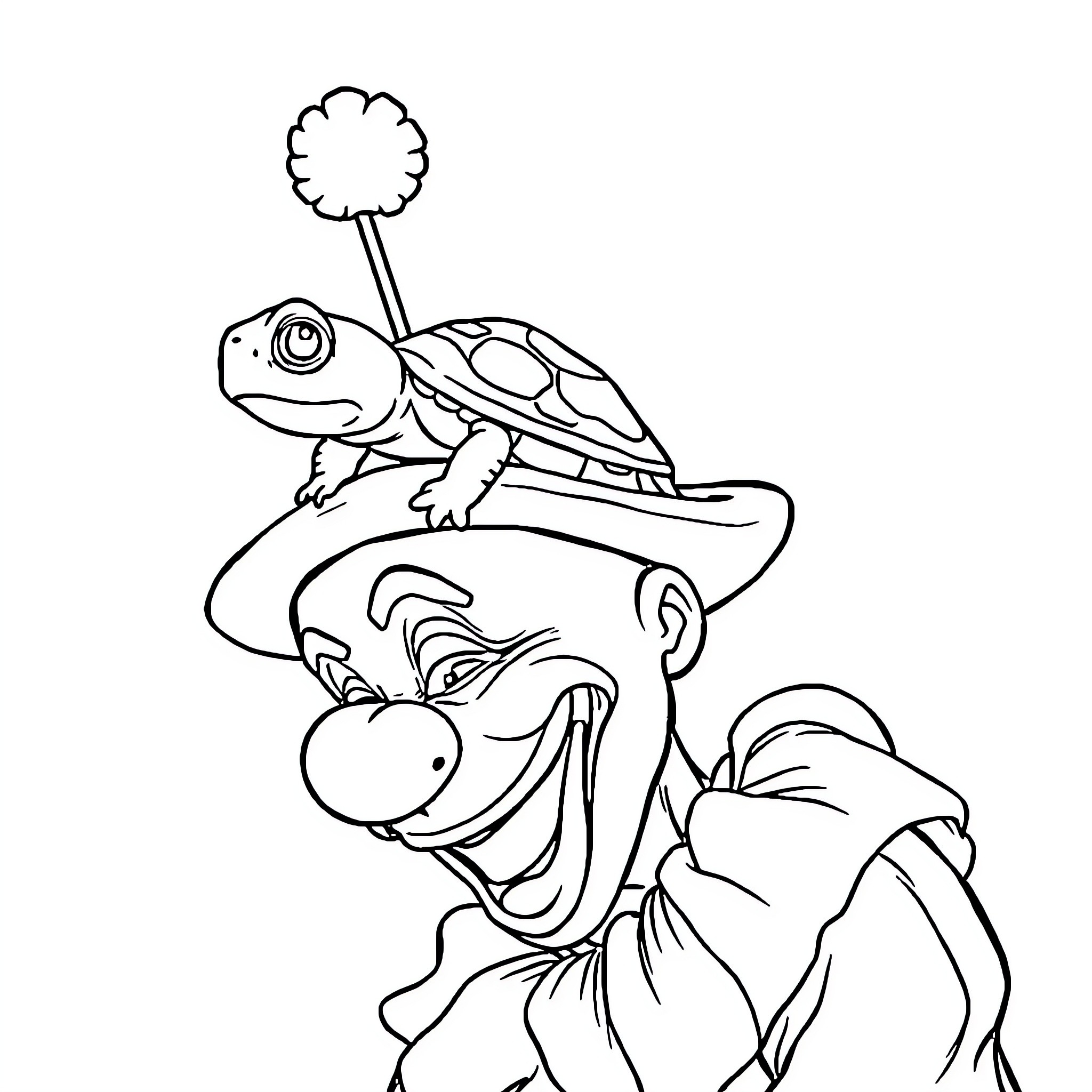 Turtle resting on person's head Coloring Page (free black-and-white line drawing printable PDF for all, from beginners to advanced learners, including children, teens, adults, and seniors)