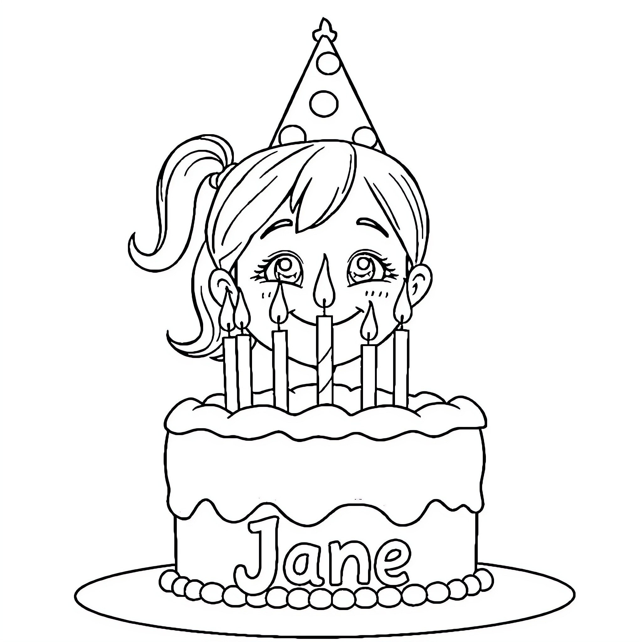 Birthday Cake with Smiling Girl and Candles Coloring Page (free black-and-white line drawing printable PDF for all, from beginners to advanced learners, including children, teens, adults, and seniors)