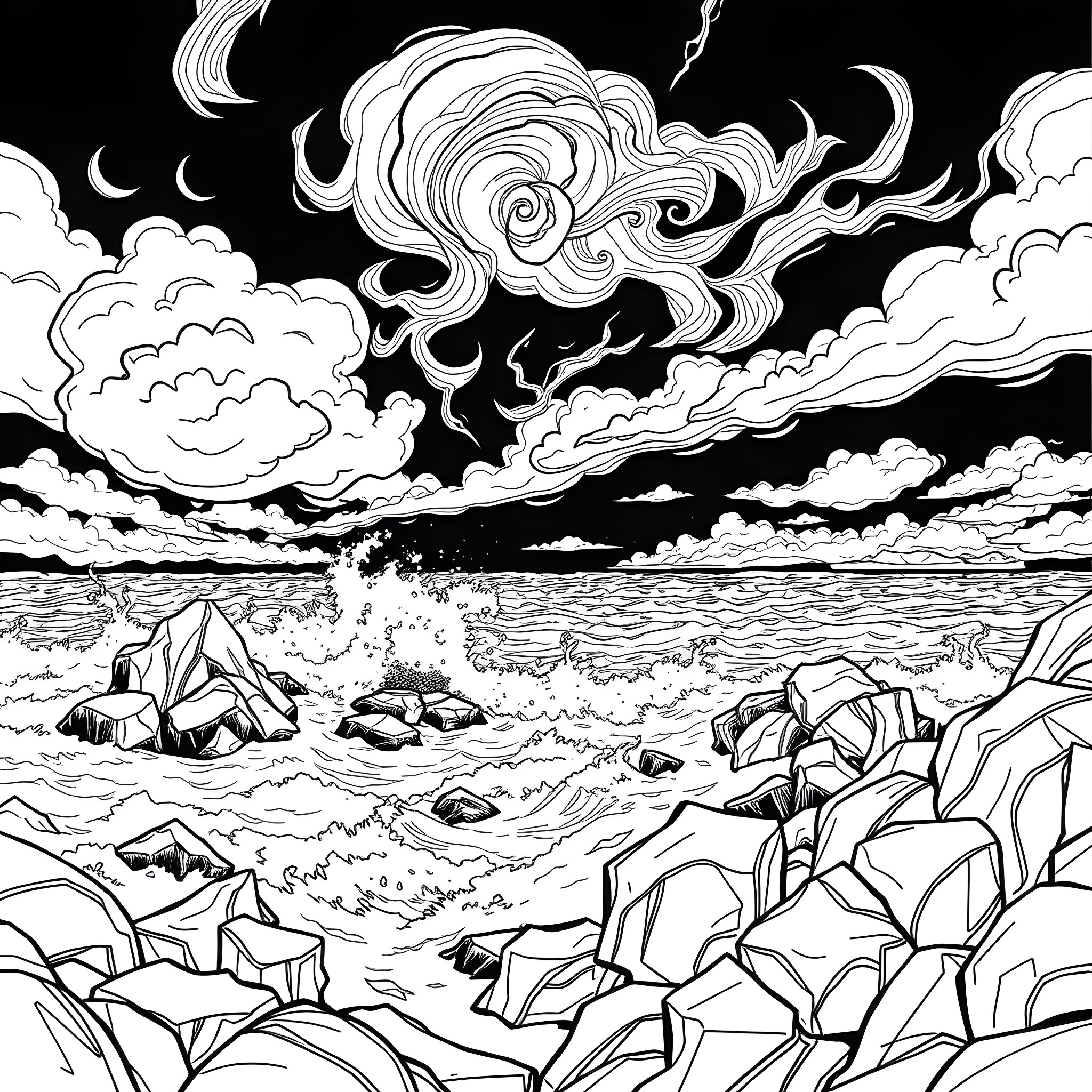 Beach scene with dramatic cloud formations Coloring Page (free black-and-white line drawing printable PDF for all, from beginners to advanced learners, including children, teens, adults, and seniors)