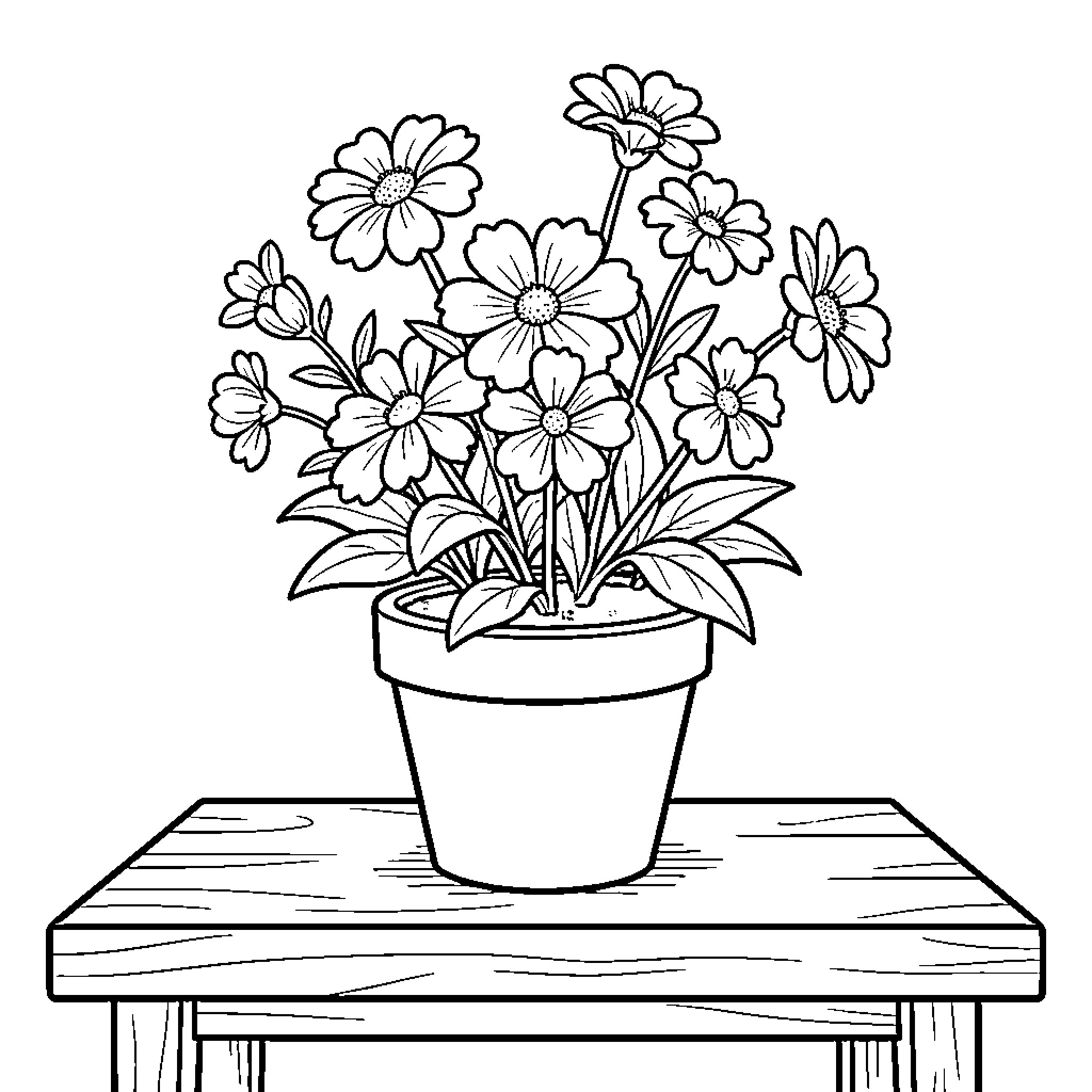 Flower arrangement blooming in a pot on a table Coloring Page (free black-and-white line drawing printable PDF for all, from beginners to advanced learners, including children, teens, adults, and seniors)