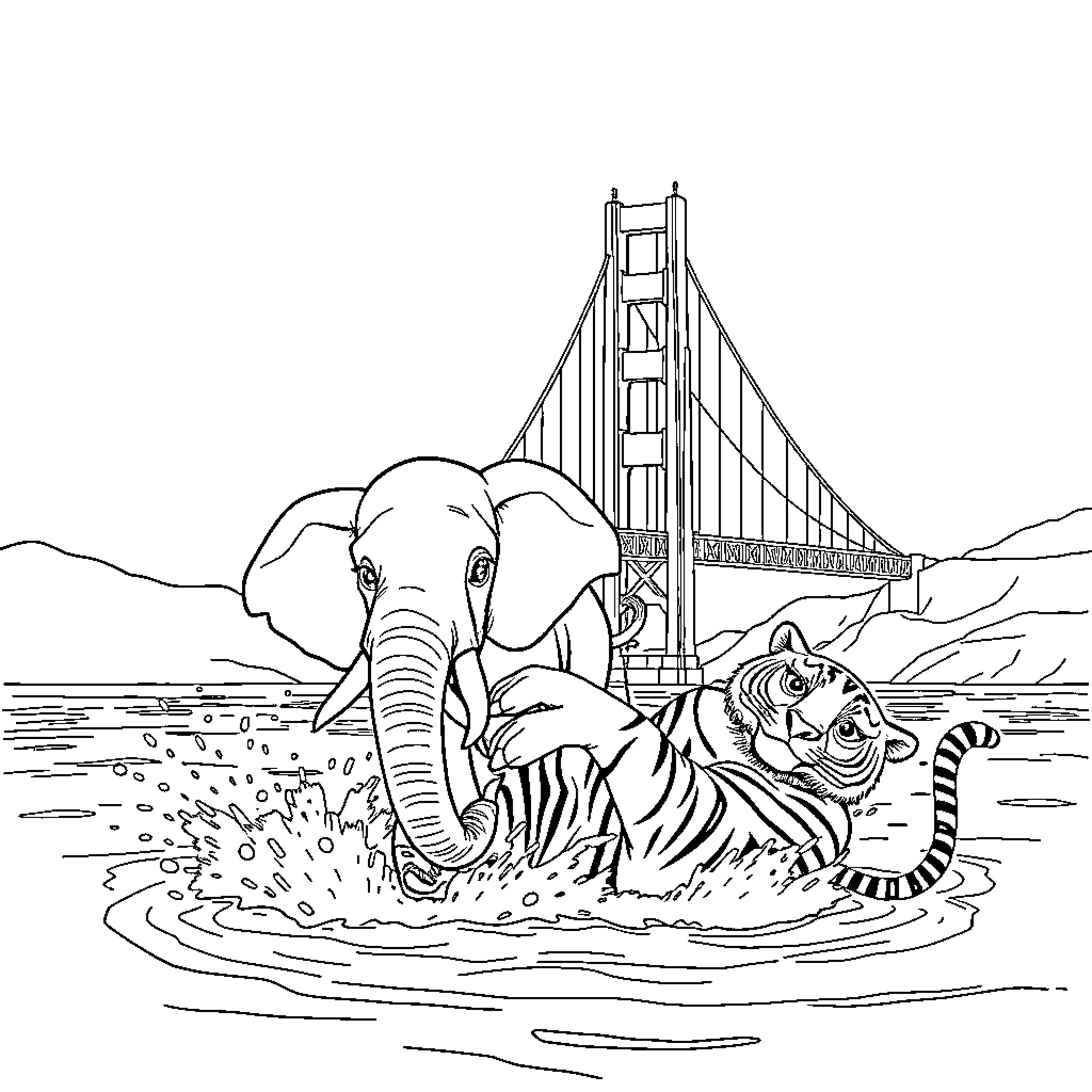 Elephant and Tiger at Golden Gate Bridge Coloring Page (free black-and-white line drawing printable PDF for all, from beginners to advanced learners, including children, teens, adults, and seniors)