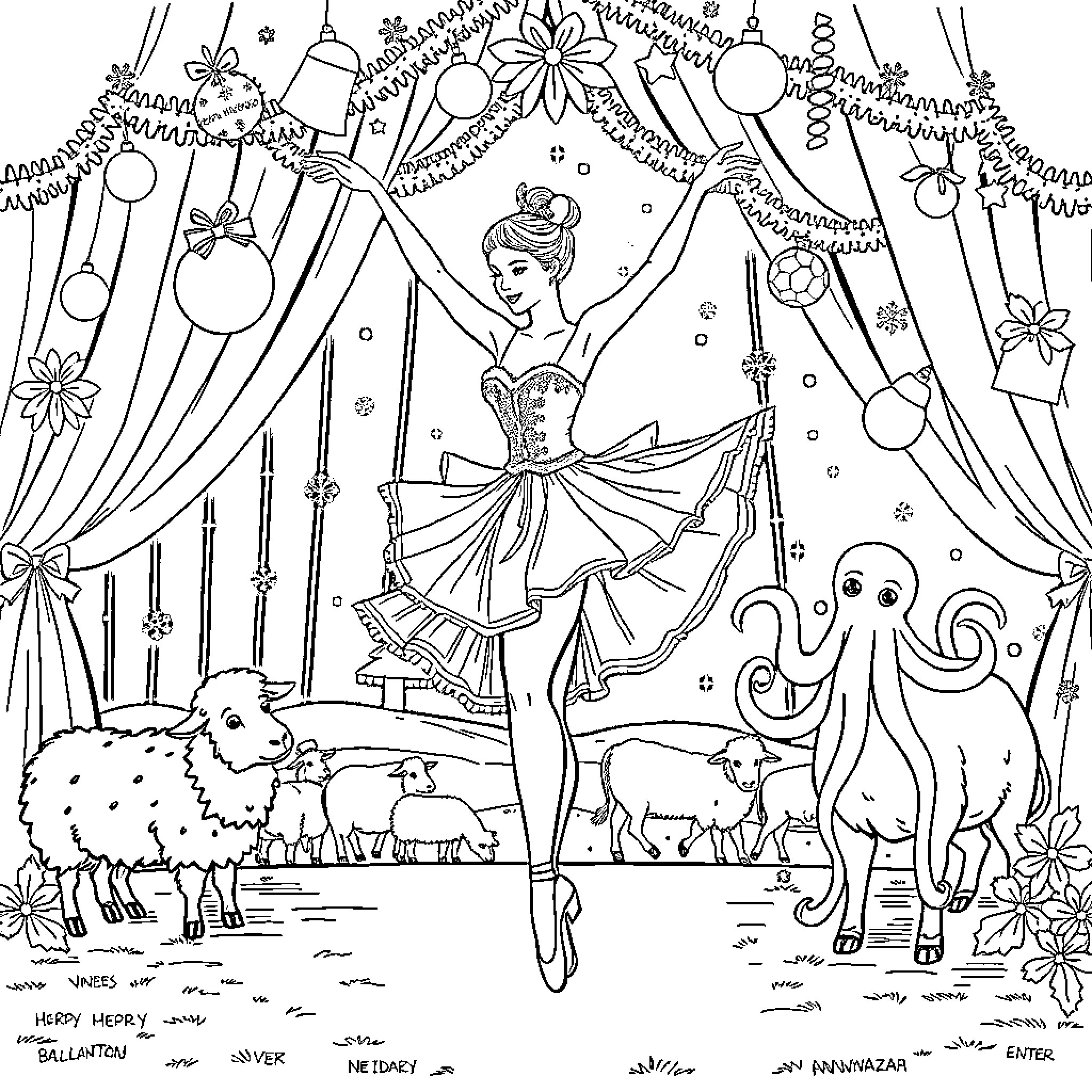 Ballerina performing on stage with magical creatures Coloring Page (free black-and-white line drawing printable PDF for all, from beginners to advanced learners, including children, teens, adults, and seniors)