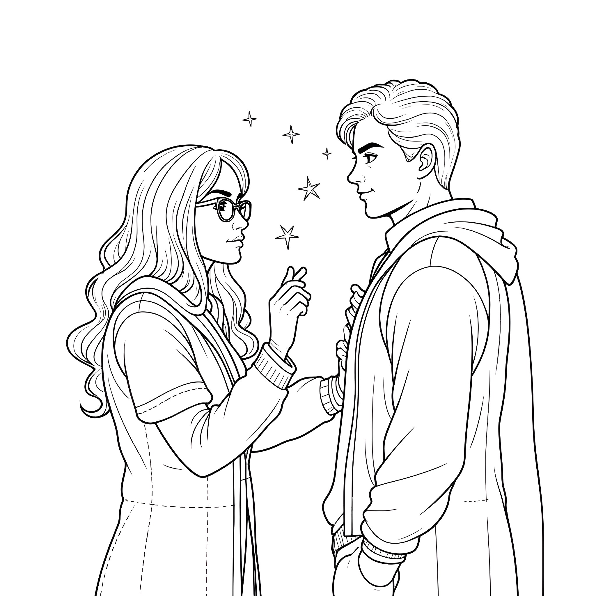 Student couple in warm conversation with sparkling stars Coloring Page (free black-and-white line drawing printable PDF for all, from beginners to advanced learners, including children, teens, adults, and seniors)