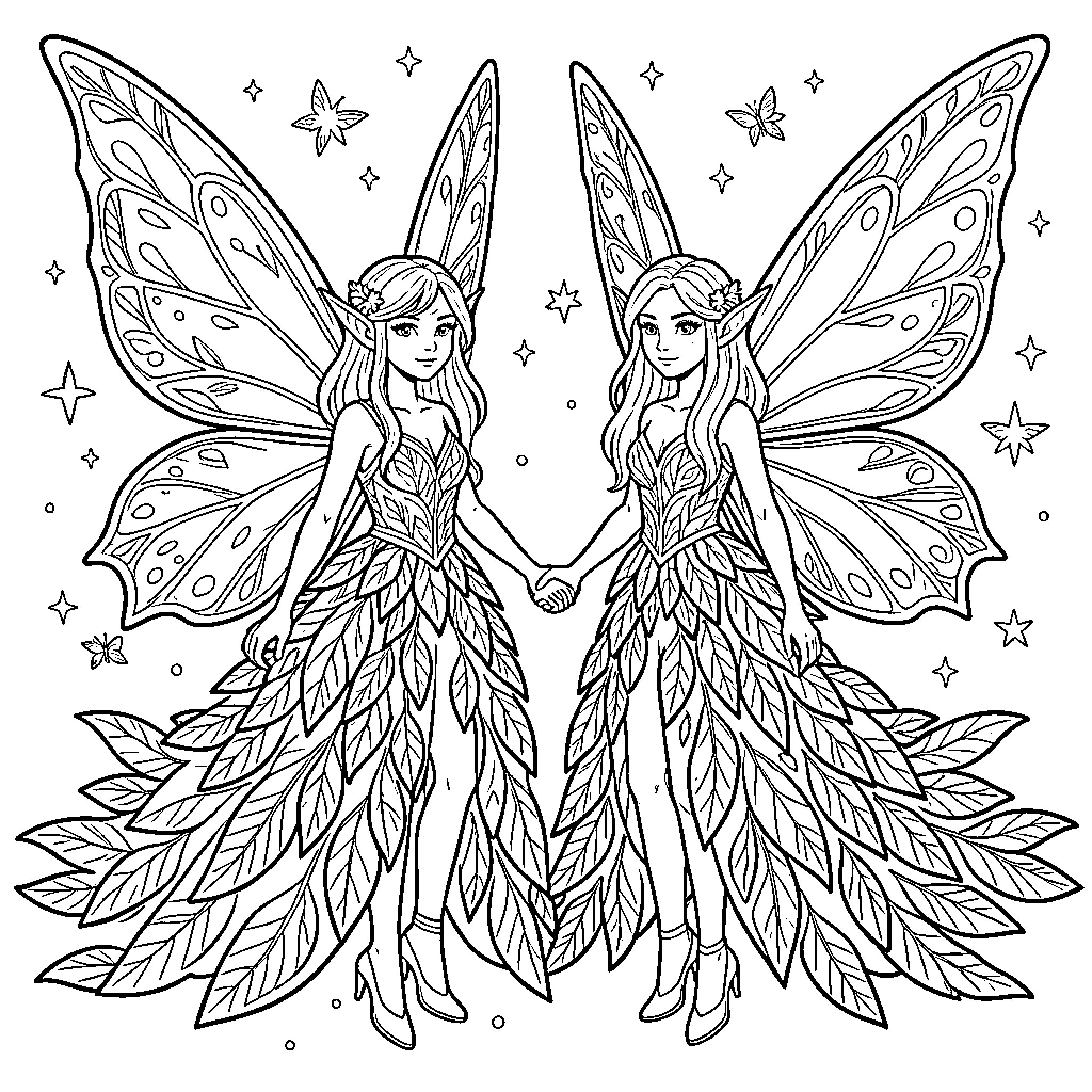 Fey Fairies Embrace in Enchanting Realm Coloring Page (free black-and-white line drawing printable PDF for all, from beginners to advanced learners, including children, teens, adults, and seniors)