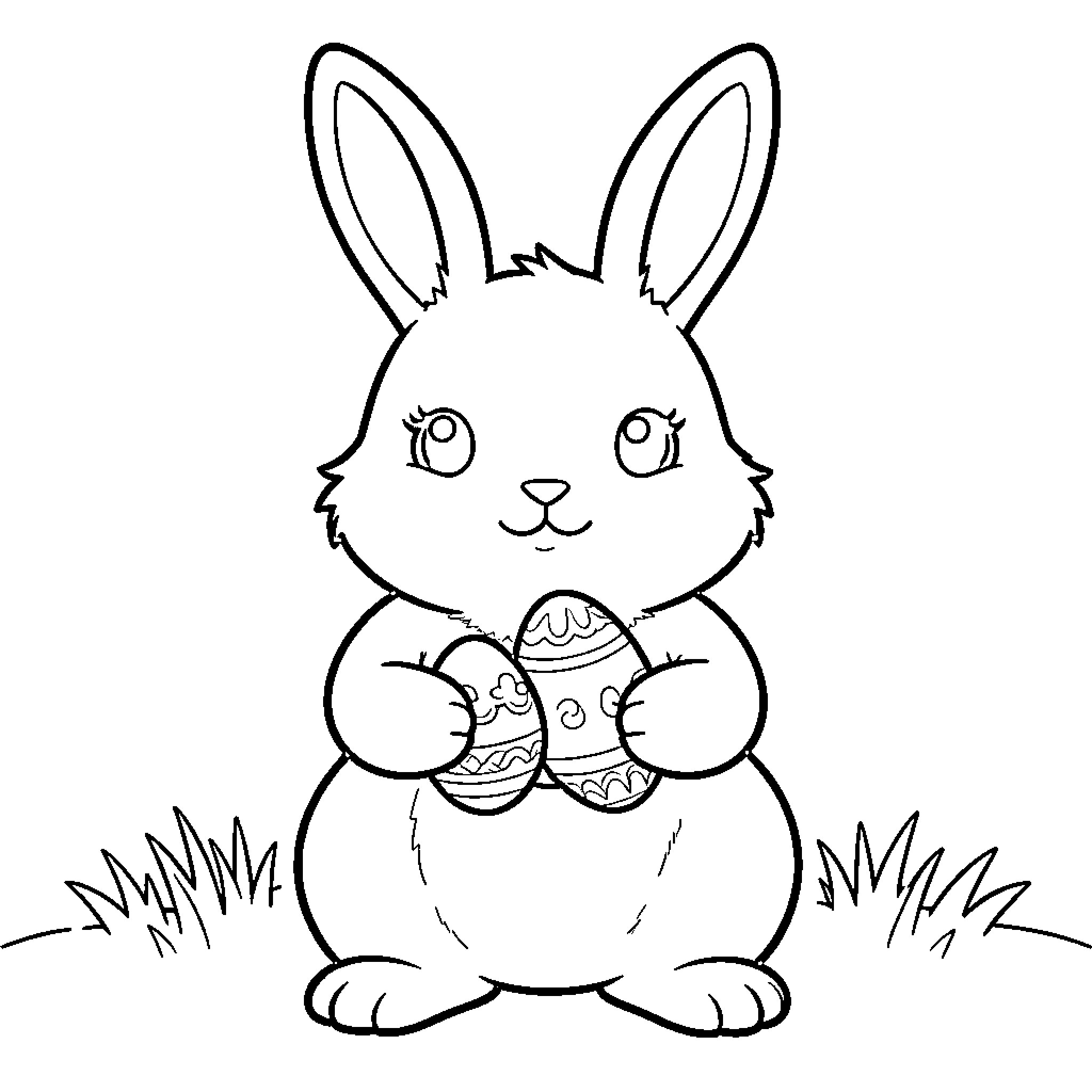 Bunny holding decorated Easter egg Coloring Page (free black-and-white line drawing printable PDF for all, from beginners to advanced learners, including children, teens, adults, and seniors)
