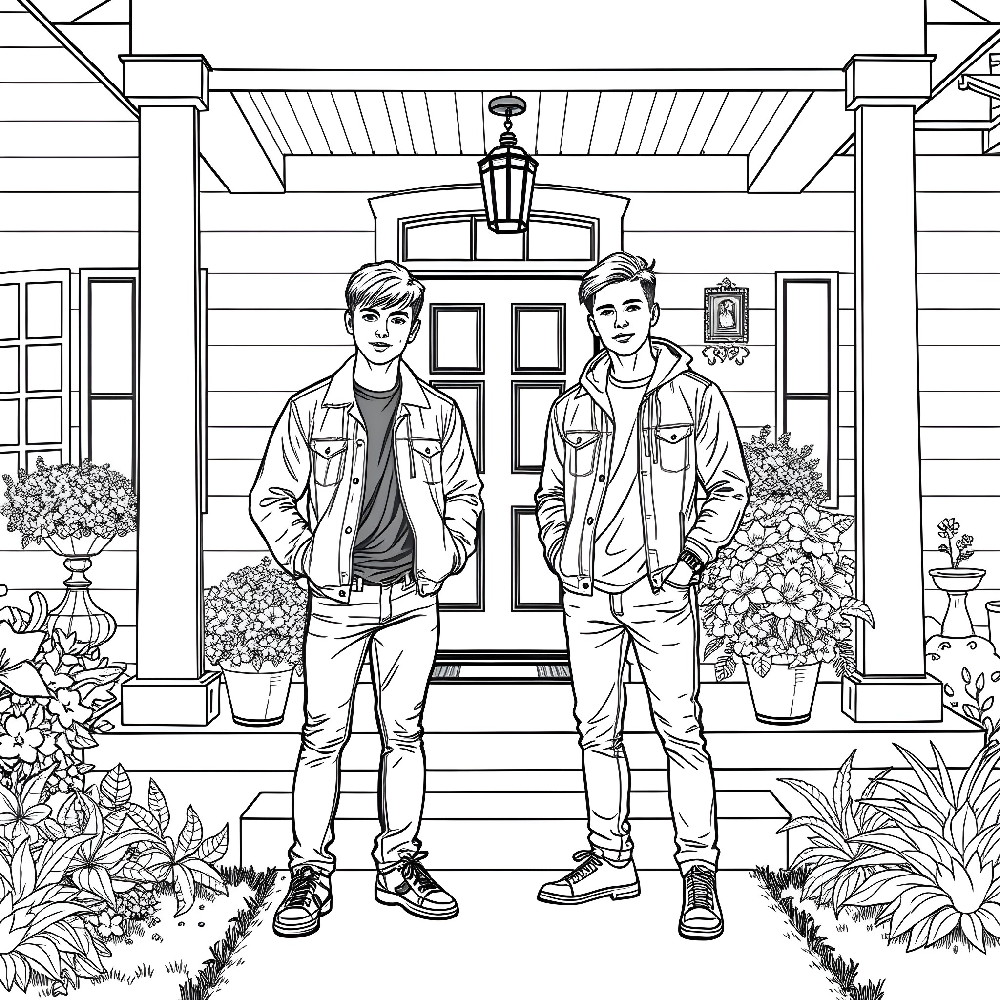 Teen Guys Posing in Front of Cozy Cabin Coloring Page (free black-and-white line drawing printable PDF for all, from beginners to advanced learners, including children, teens, adults, and seniors)