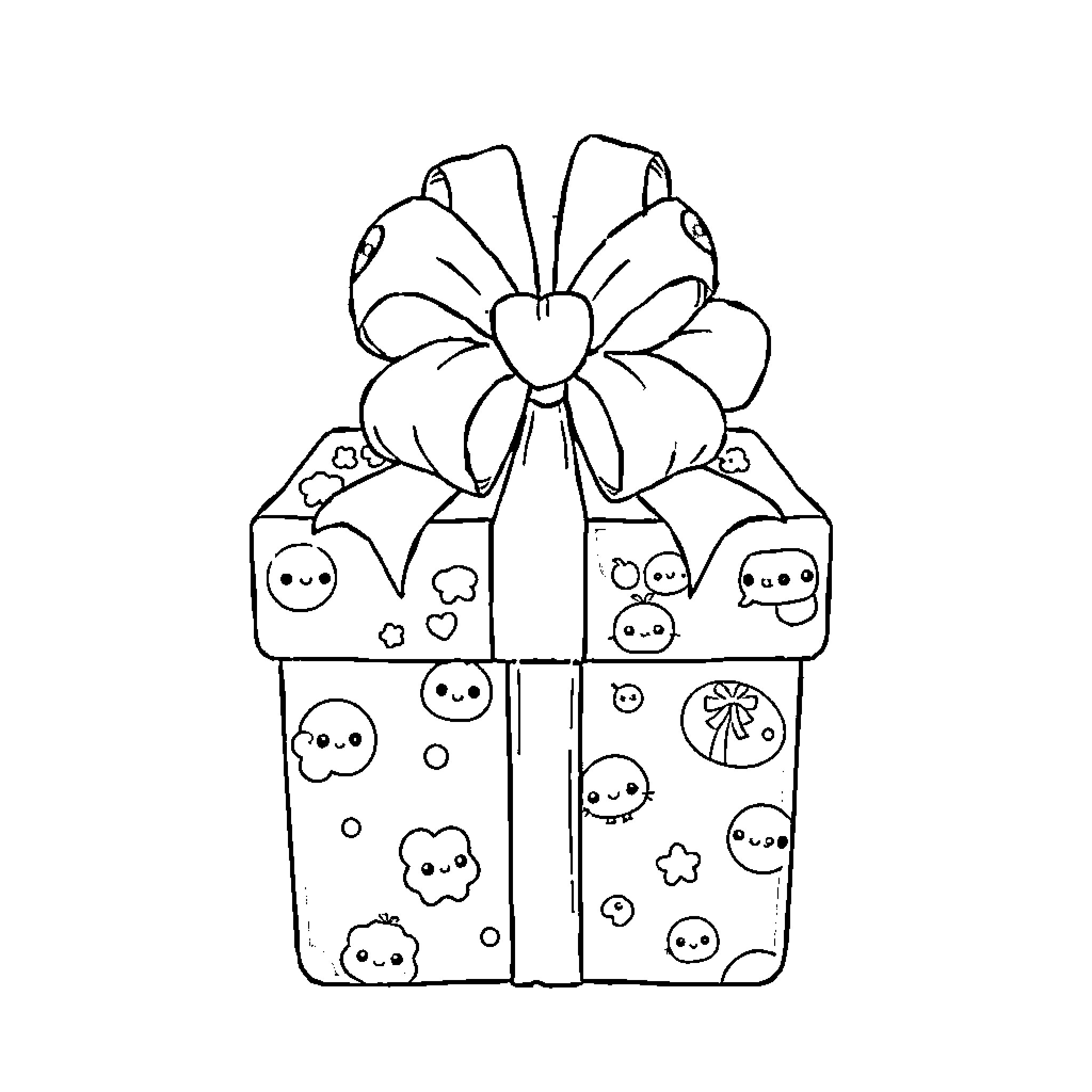 Gift with Cheerful Decorations Coloring Page (free black-and-white line drawing printable PDF for all, from beginners to advanced learners, including children, teens, adults, and seniors)
