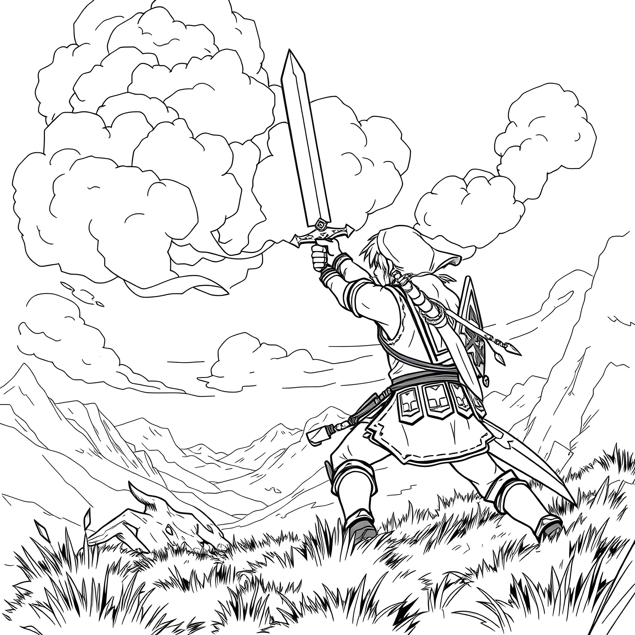 Link battling with sword in the wilderness Coloring Page (free black-and-white line drawing printable PDF for all, from beginners to advanced learners, including children, teens, adults, and seniors)