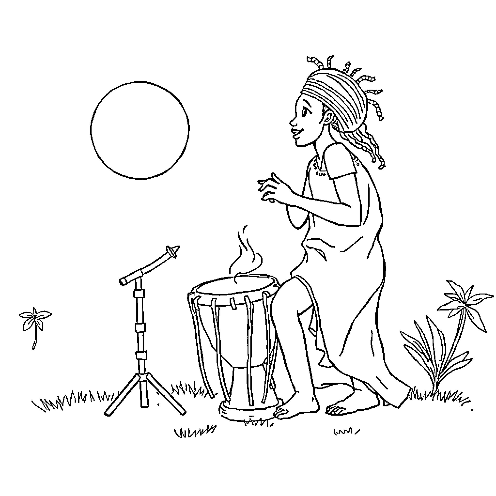 Tung Tung playing rhythmic instruments under the moon Coloring Page (free black-and-white line drawing printable PDF for all, from beginners to advanced learners, including children, teens, adults, and seniors)