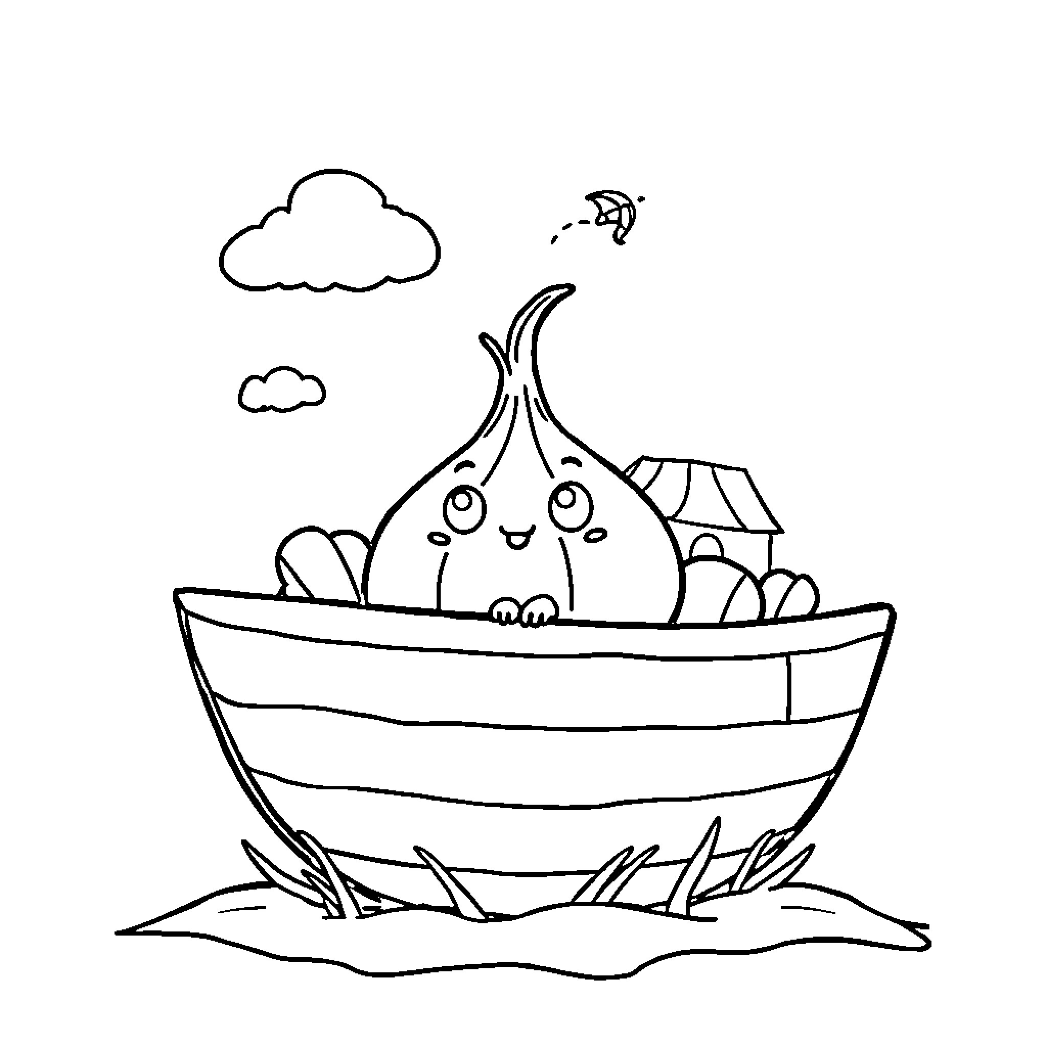 Onion sailing in a striped boat Coloring Page (free black-and-white line drawing printable PDF for all, from beginners to advanced learners, including children, teens, adults, and seniors)