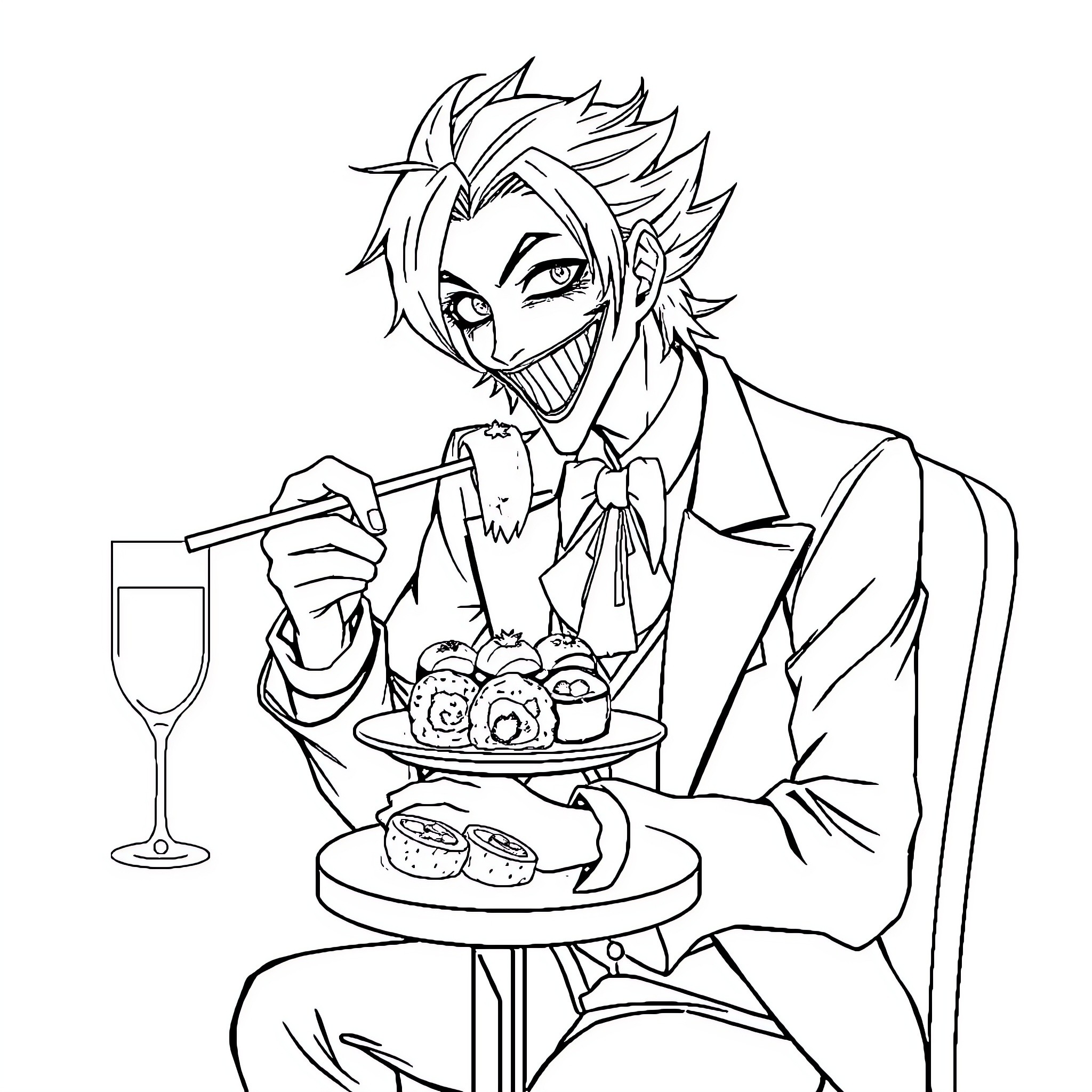 Joker Enjoying a Delightful Meal with a Glass of Wine Coloring Page (free black-and-white line drawing printable PDF for all, from beginners to advanced learners, including children, teens, adults, and seniors)