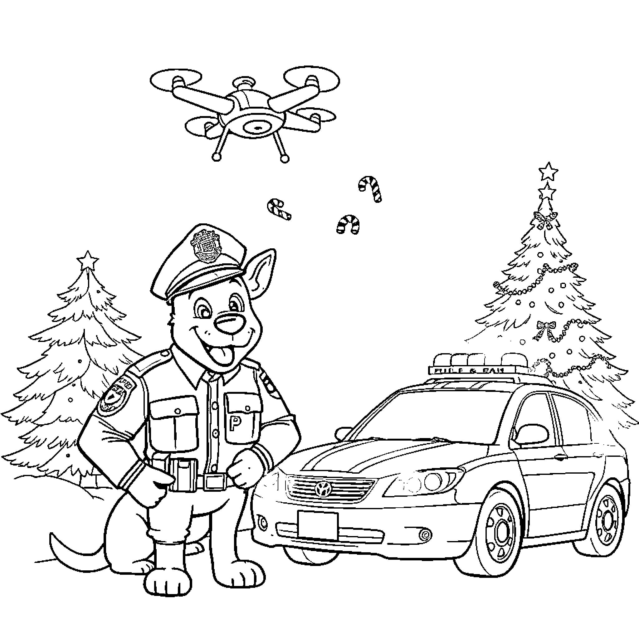 Police Officer and Dog Patrolling Snowy Winter Scene Coloring Page (free black-and-white line drawing printable PDF for all, from beginners to advanced learners, including children, teens, adults, and seniors)