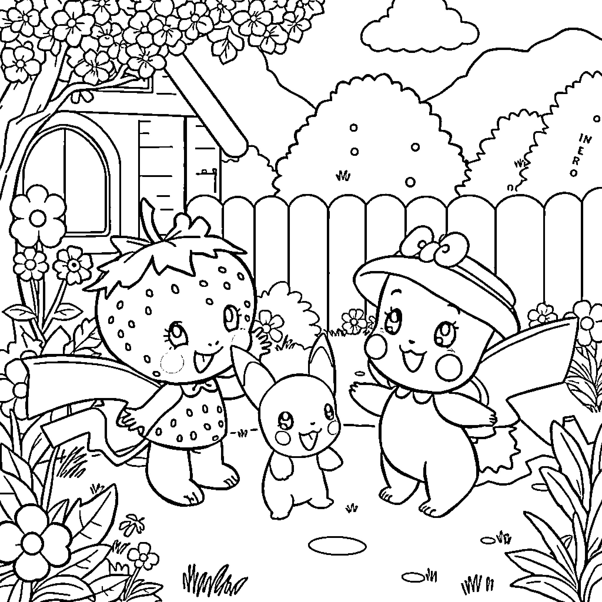 Strawberry Shortcake characters playing in a garden scene Coloring Page (free black-and-white line drawing printable PDF for all, from beginners to advanced learners, including children, teens, adults, and seniors)