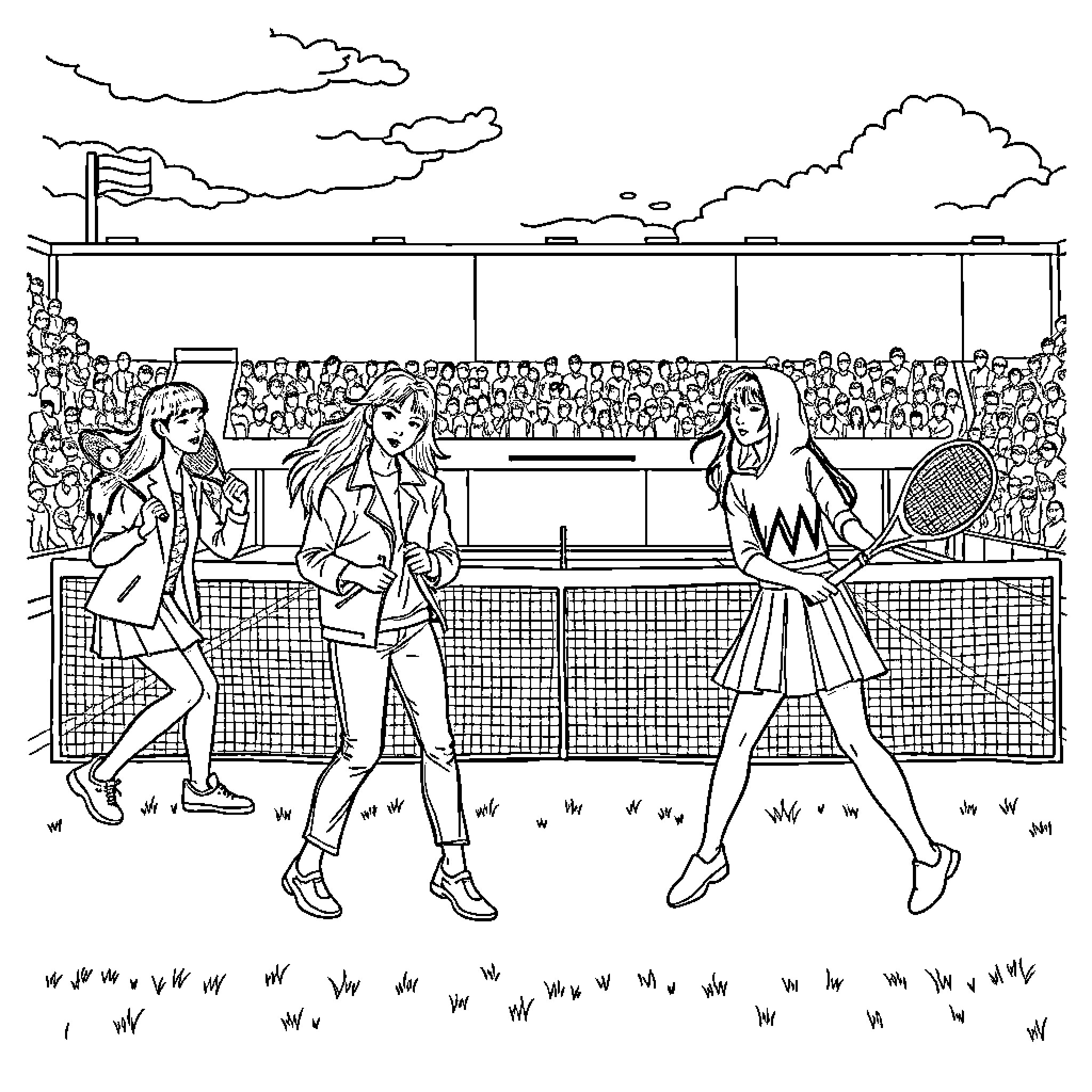 K Pop Stars Performing on Stage for Cheering Crowd Coloring Page (free black-and-white line drawing printable PDF for all, from beginners to advanced learners, including children, teens, adults, and seniors)