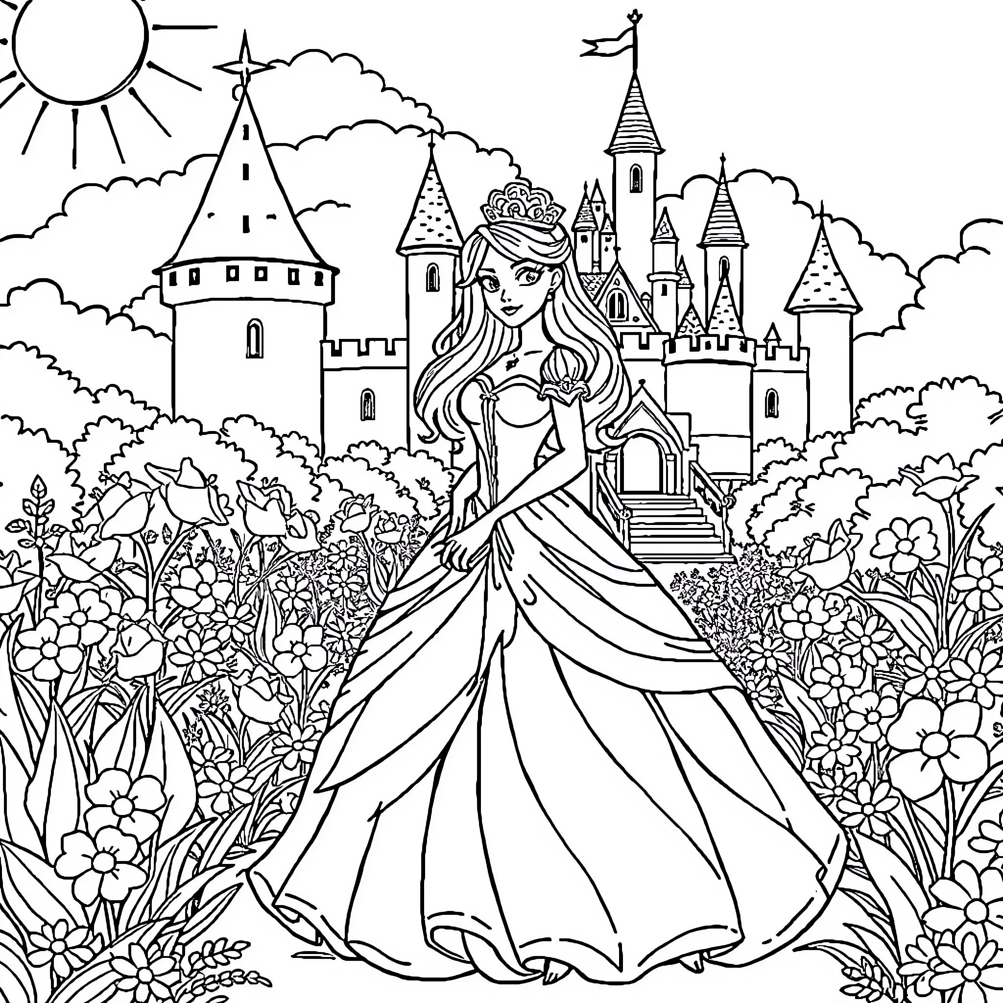 Princess in Elegant Dress Exploring Enchanting Castle Garden Coloring Page (free black-and-white line drawing printable PDF for all, from beginners to advanced learners, including children, teens, adults, and seniors)