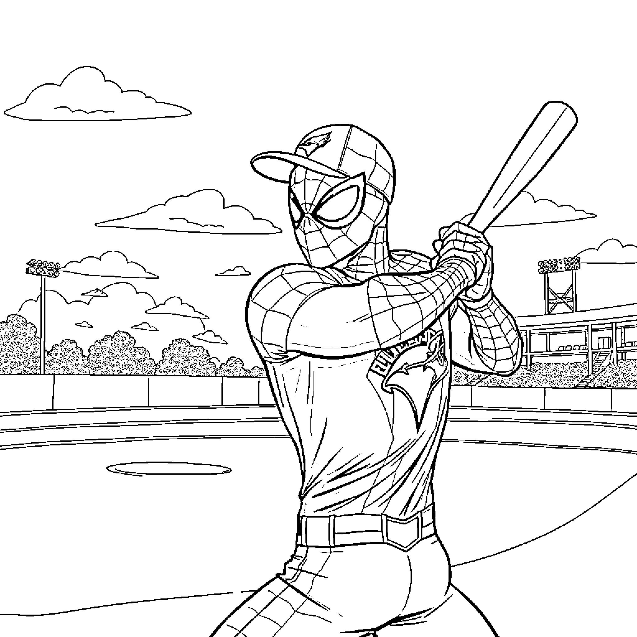 Spiderman playing baseball at the stadium Coloring Page (free black-and-white line drawing printable PDF for all, from beginners to advanced learners, including children, teens, adults, and seniors)