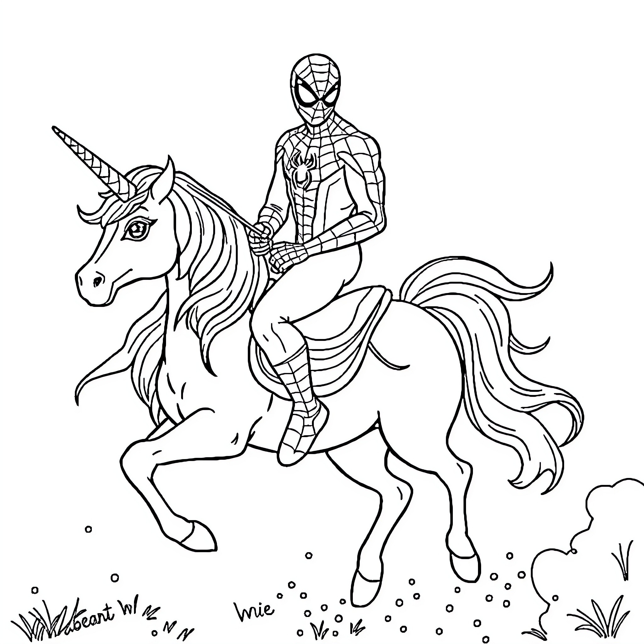 Spider-Man riding a unicorn through a fantastical landscape Coloring Page (free black-and-white line drawing printable PDF for all, from beginners to advanced learners, including children, teens, adults, and seniors)