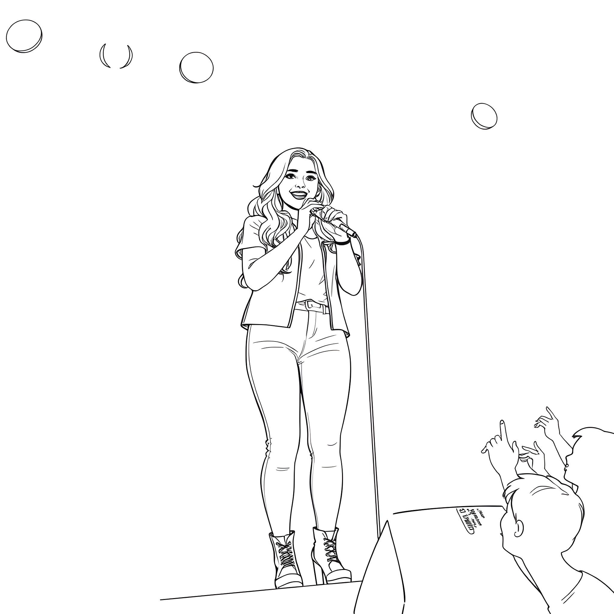 Sabrina Carpenter performing on stage Coloring Page (free black-and-white line drawing printable PDF for all, from beginners to advanced learners, including children, teens, adults, and seniors)