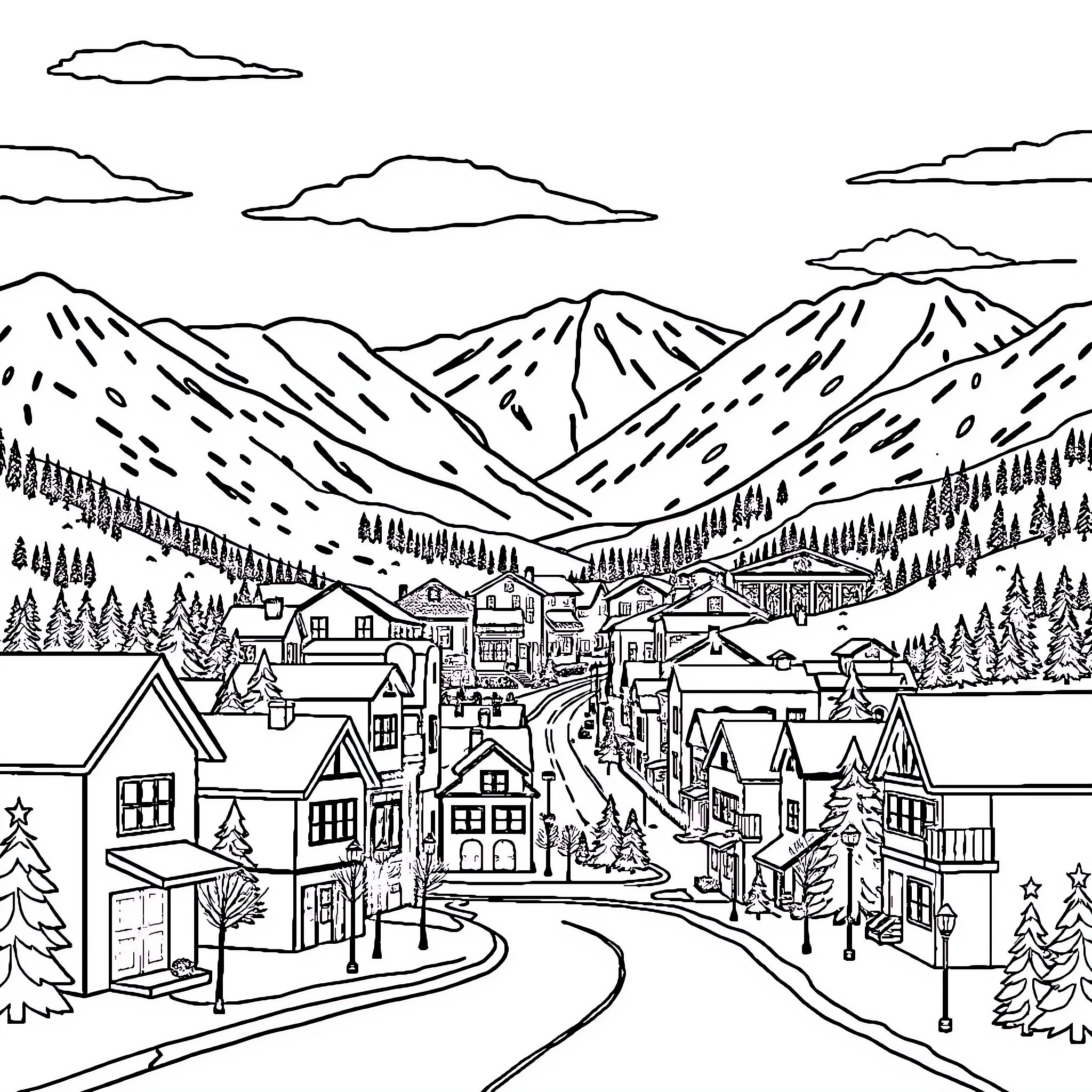 South Park winter wonderland scenery with town Coloring Page (free black-and-white line drawing printable PDF for all, from beginners to advanced learners, including children, teens, adults, and seniors)