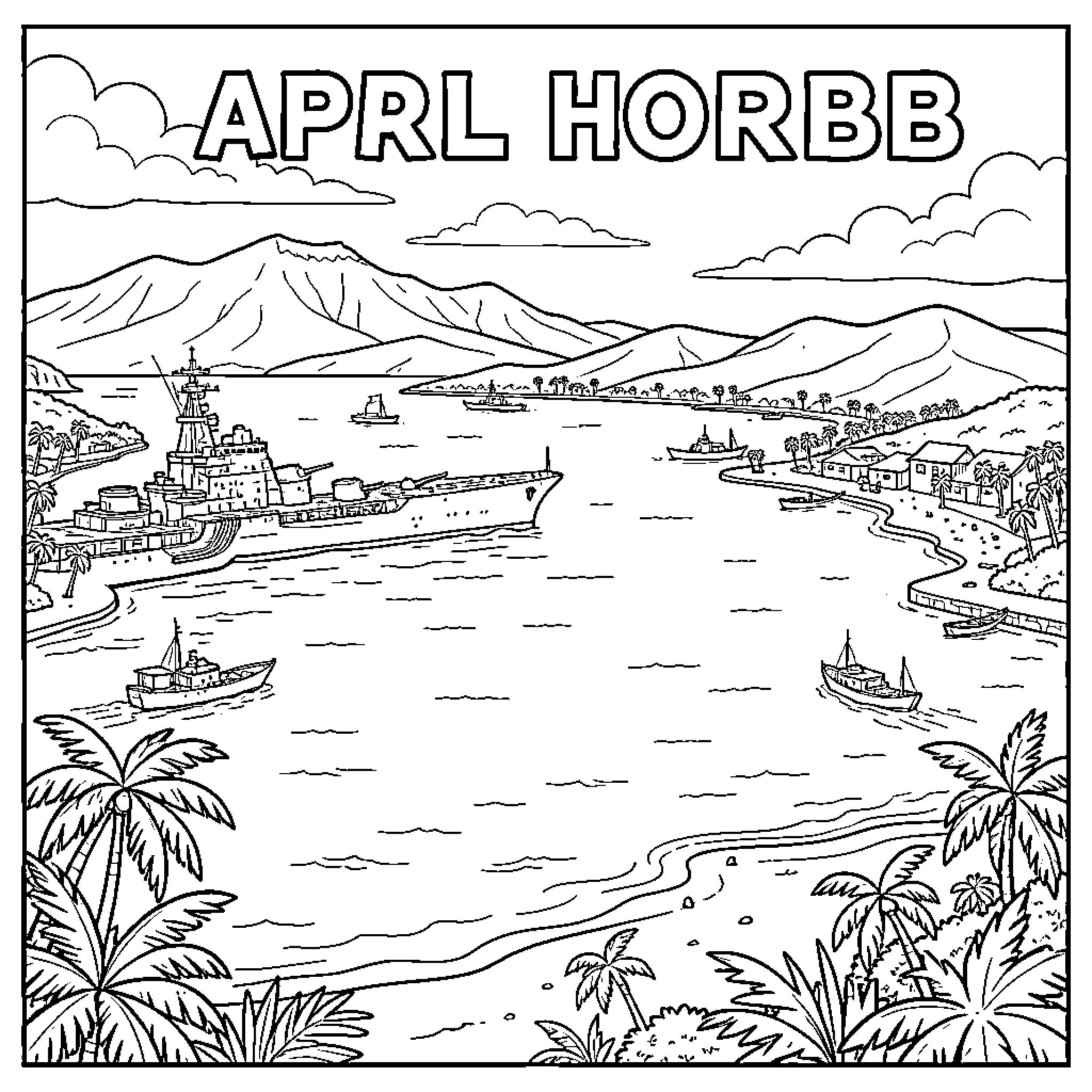 Pearl Harbor featuring warships and scenery in a bay Coloring Page (free black-and-white line drawing printable PDF for all, from beginners to advanced learners, including children, teens, adults, and seniors)