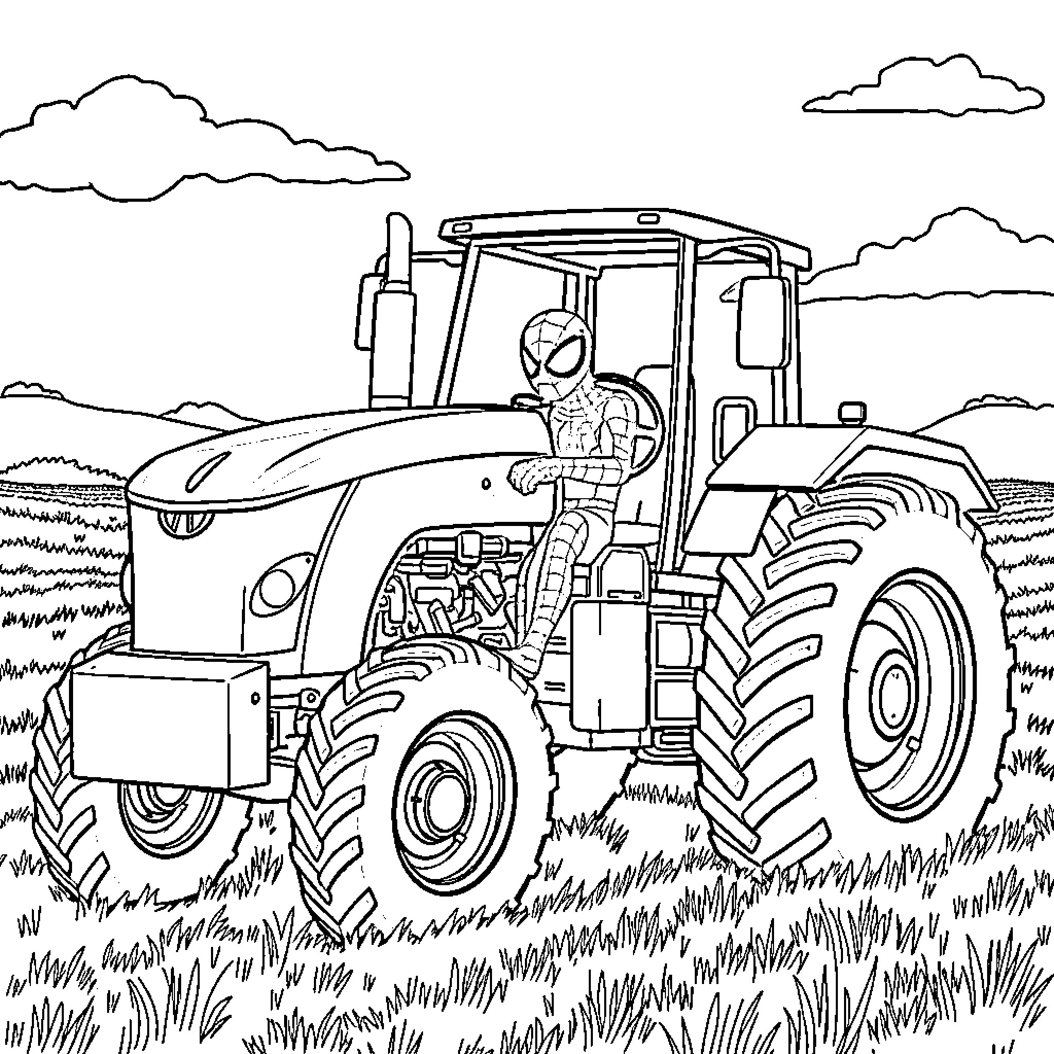 Spiderman driving a tractor on the farm Coloring Page (free black-and-white line drawing printable PDF for all, from beginners to advanced learners, including children, teens, adults, and seniors)
