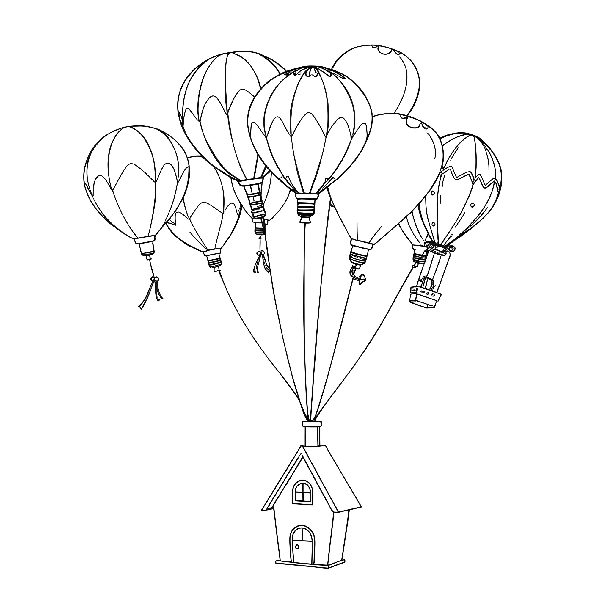 Balloon cluster floating over a small house Coloring Page (free black-and-white line drawing printable PDF for all, from beginners to advanced learners, including children, teens, adults, and seniors)