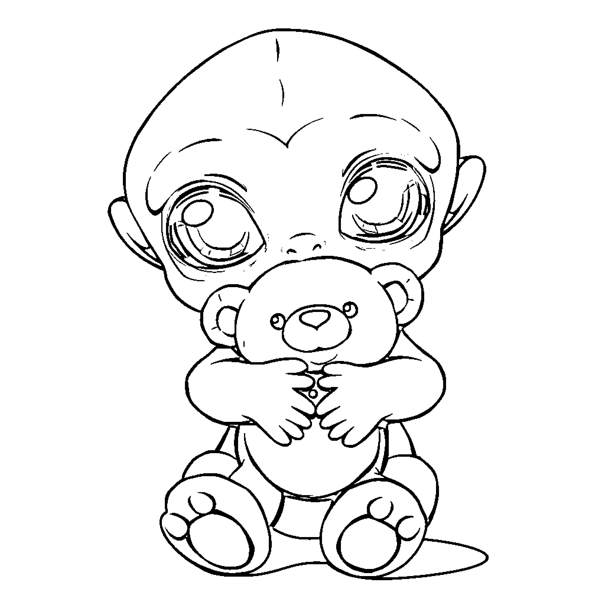 Alien Hugs Adorable Teddy Bear Coloring Page (free black-and-white line drawing printable PDF for all, from beginners to advanced learners, including children, teens, adults, and seniors)