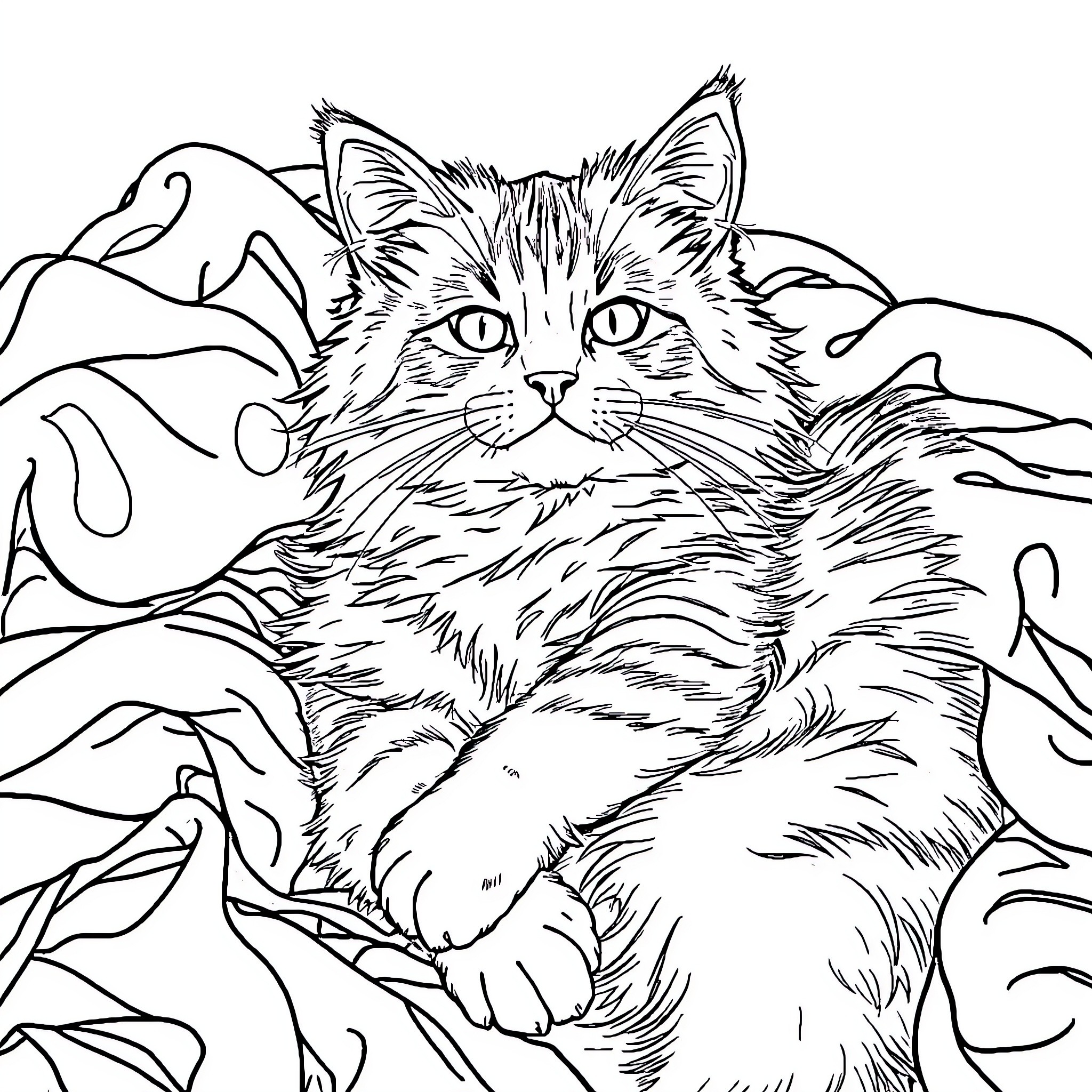 Calico Cat Resting Amidst Foliage Coloring Page (free black-and-white line drawing printable PDF for all, from beginners to advanced learners, including children, teens, adults, and seniors)