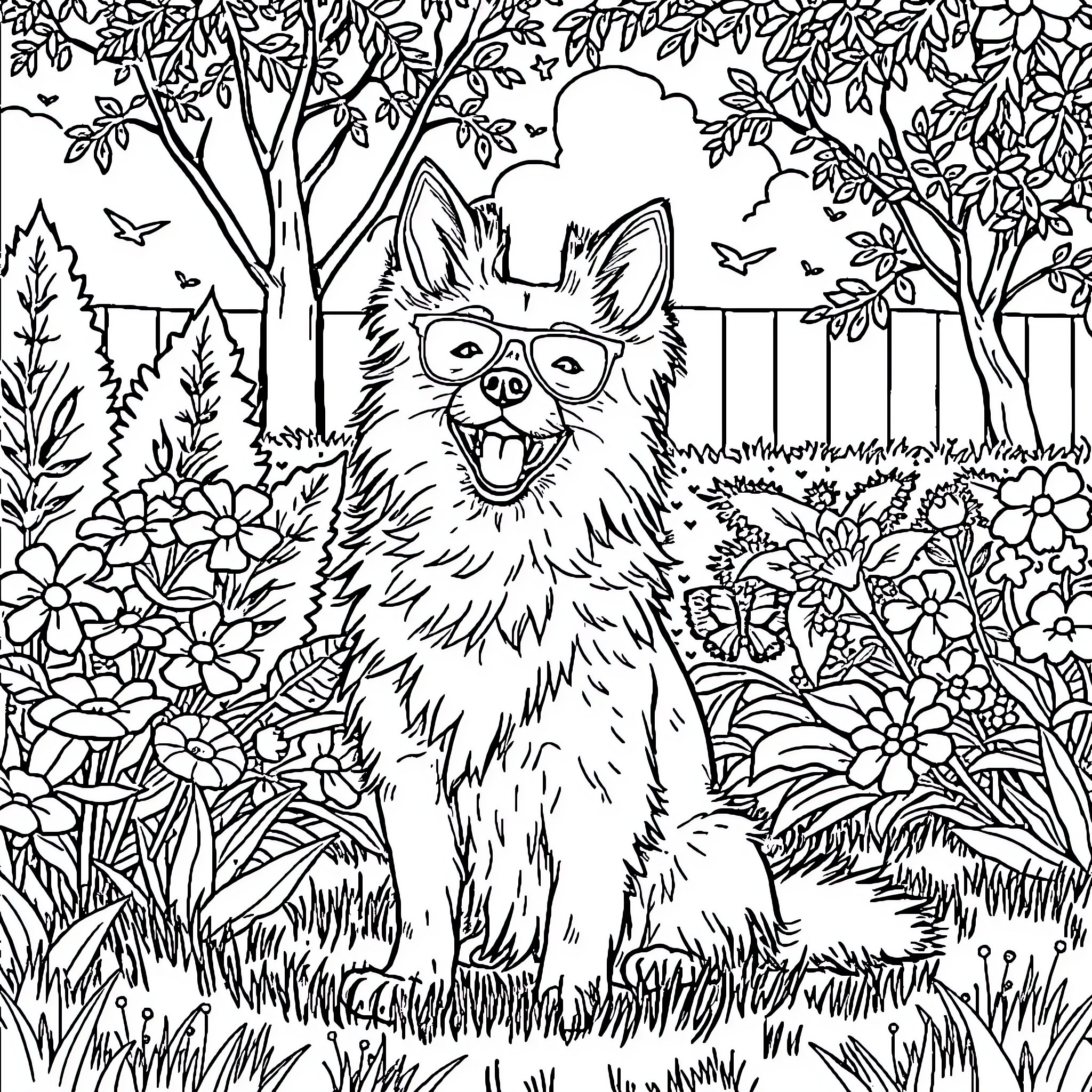 Spitz Dog Exploring Lush Forest Coloring Page (free black-and-white line drawing printable PDF for all, from beginners to advanced learners, including children, teens, adults, and seniors)
