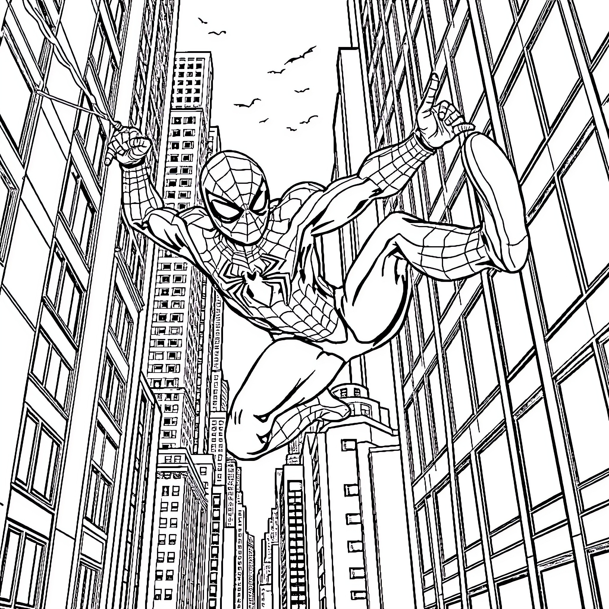 Spiderman swinging through the city skyline Coloring Page (free black-and-white line drawing printable PDF for all, from beginners to advanced learners, including children, teens, adults, and seniors)