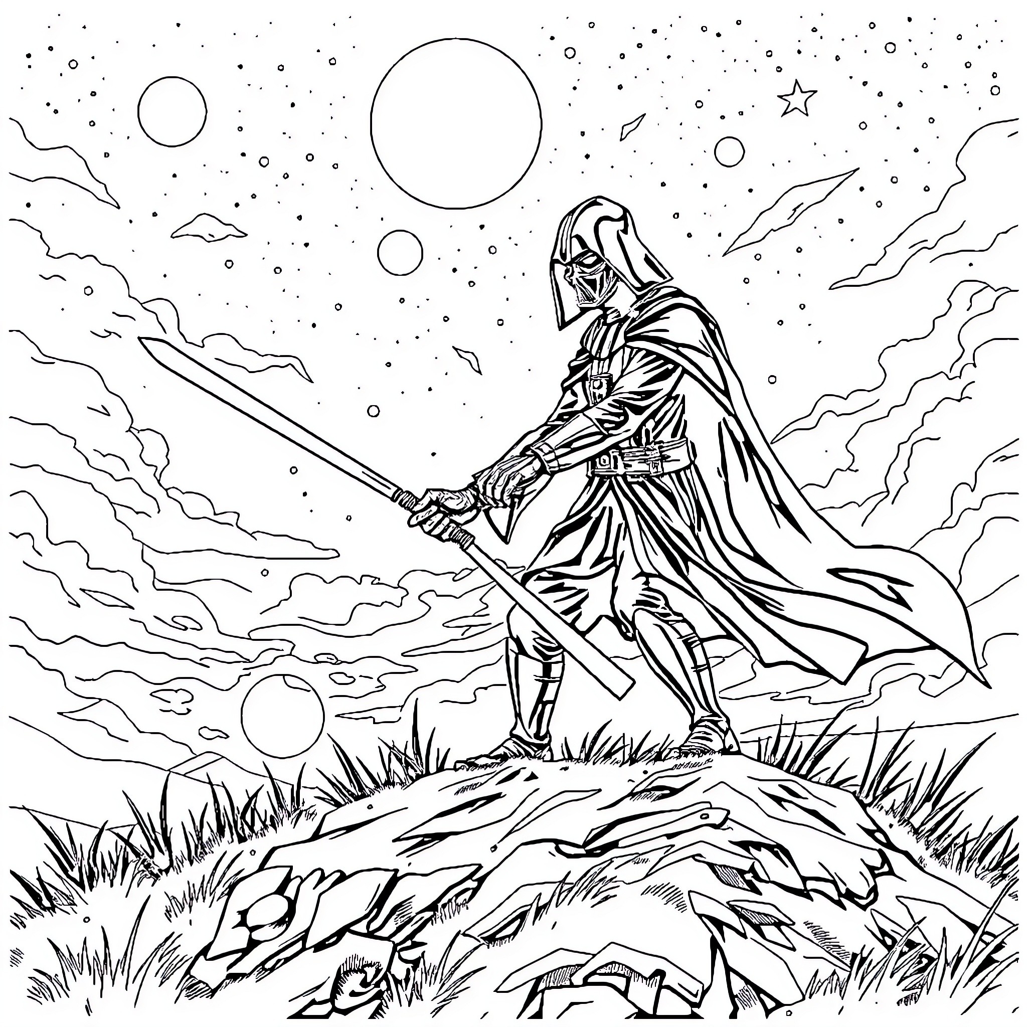 Darth Vader standing tall in the night sky Coloring Page (free black-and-white line drawing printable PDF for all, from beginners to advanced learners, including children, teens, adults, and seniors)