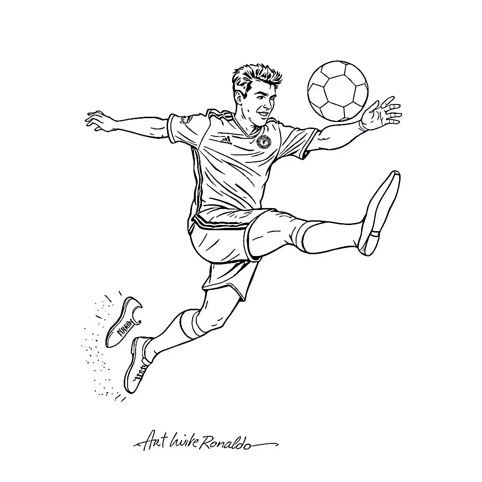 Ronaldo making a spectacular kick Coloring Page (free black-and-white line drawing printable PDF for all, from beginners to advanced learners, including children, teens, adults, and seniors)