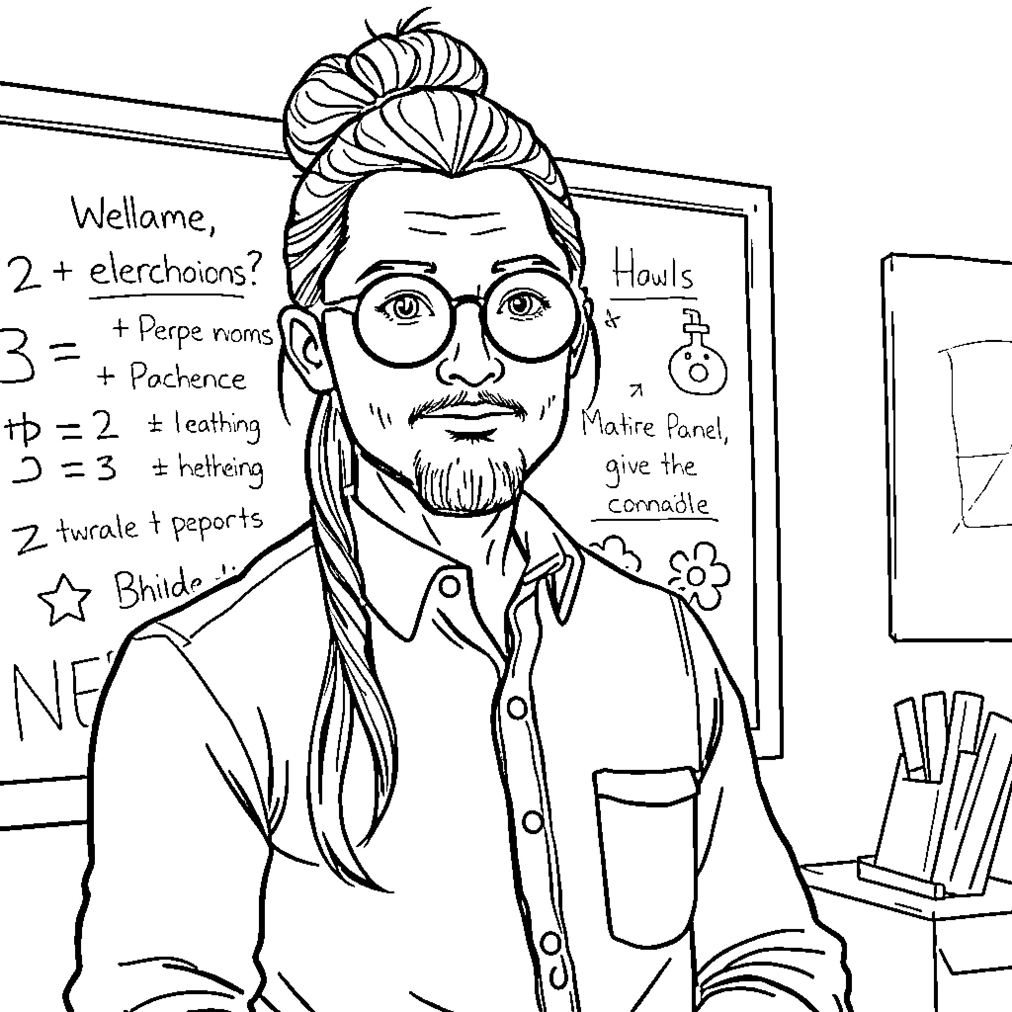 Teacher writing instructions on the blackboard Coloring Page (free black-and-white line drawing printable PDF for all, from beginners to advanced learners, including children, teens, adults, and seniors)