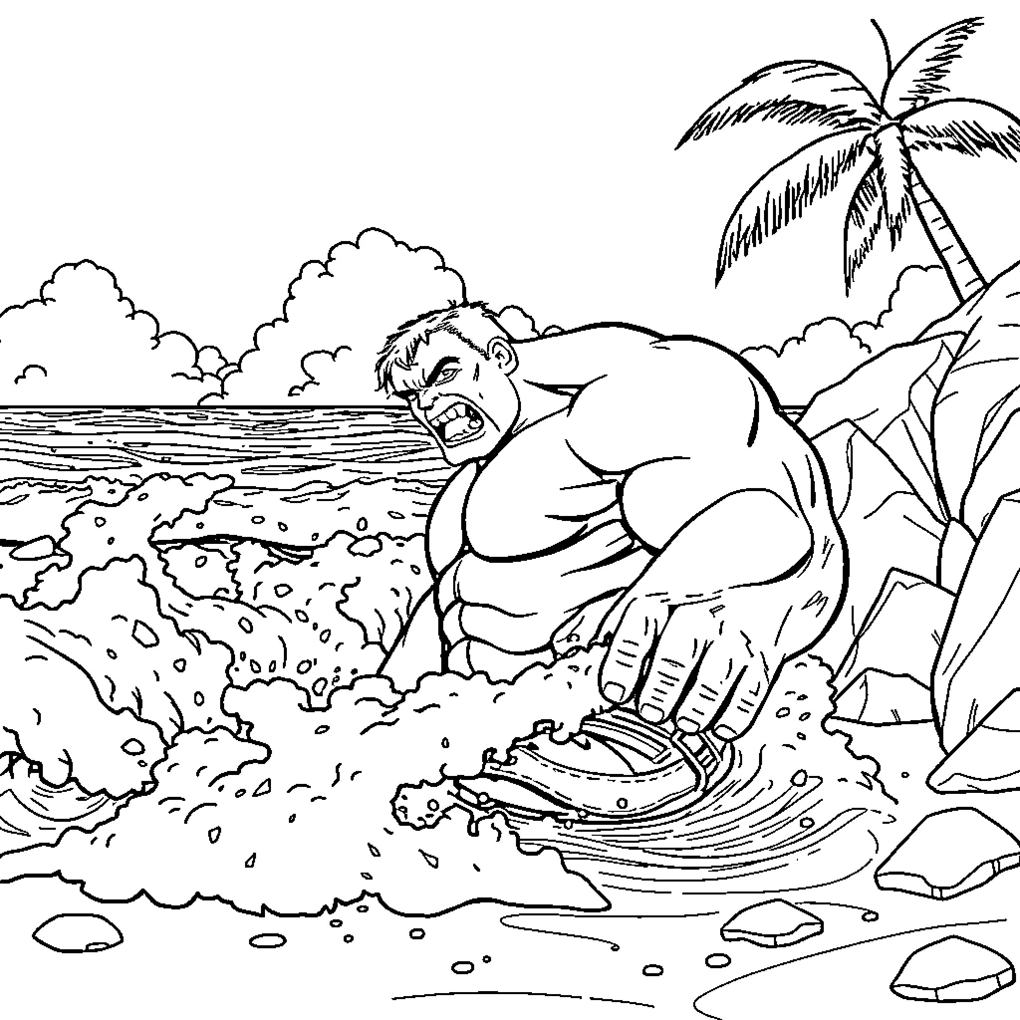 Hulk Storms Through Tropical Coastline Coloring Page (free black-and-white line drawing printable PDF for all, from beginners to advanced learners, including children, teens, adults, and seniors)