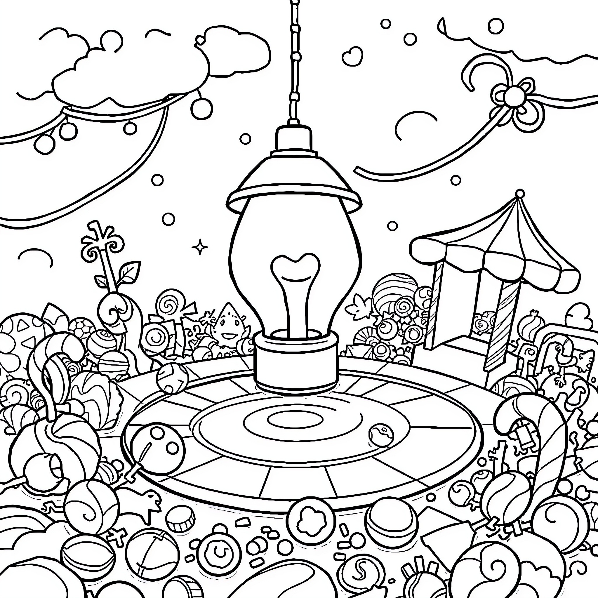 Lamp surrounded by playful doodles and shapes Coloring Page (free black-and-white line drawing printable PDF for all, from beginners to advanced learners, including children, teens, adults, and seniors)