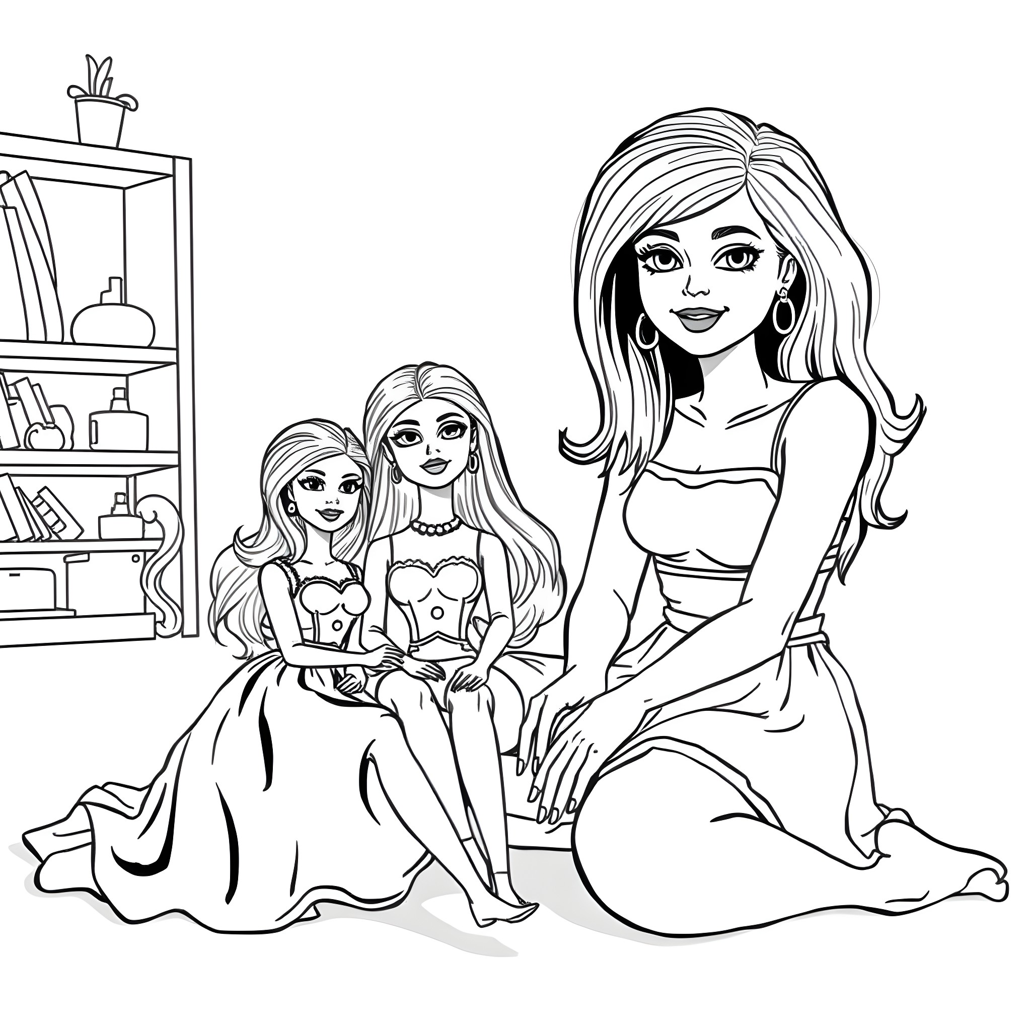 Wednesday Adams and friends in a stylish home setting Coloring Page (free black-and-white line drawing printable PDF for all, from beginners to advanced learners, including children, teens, adults, and seniors)