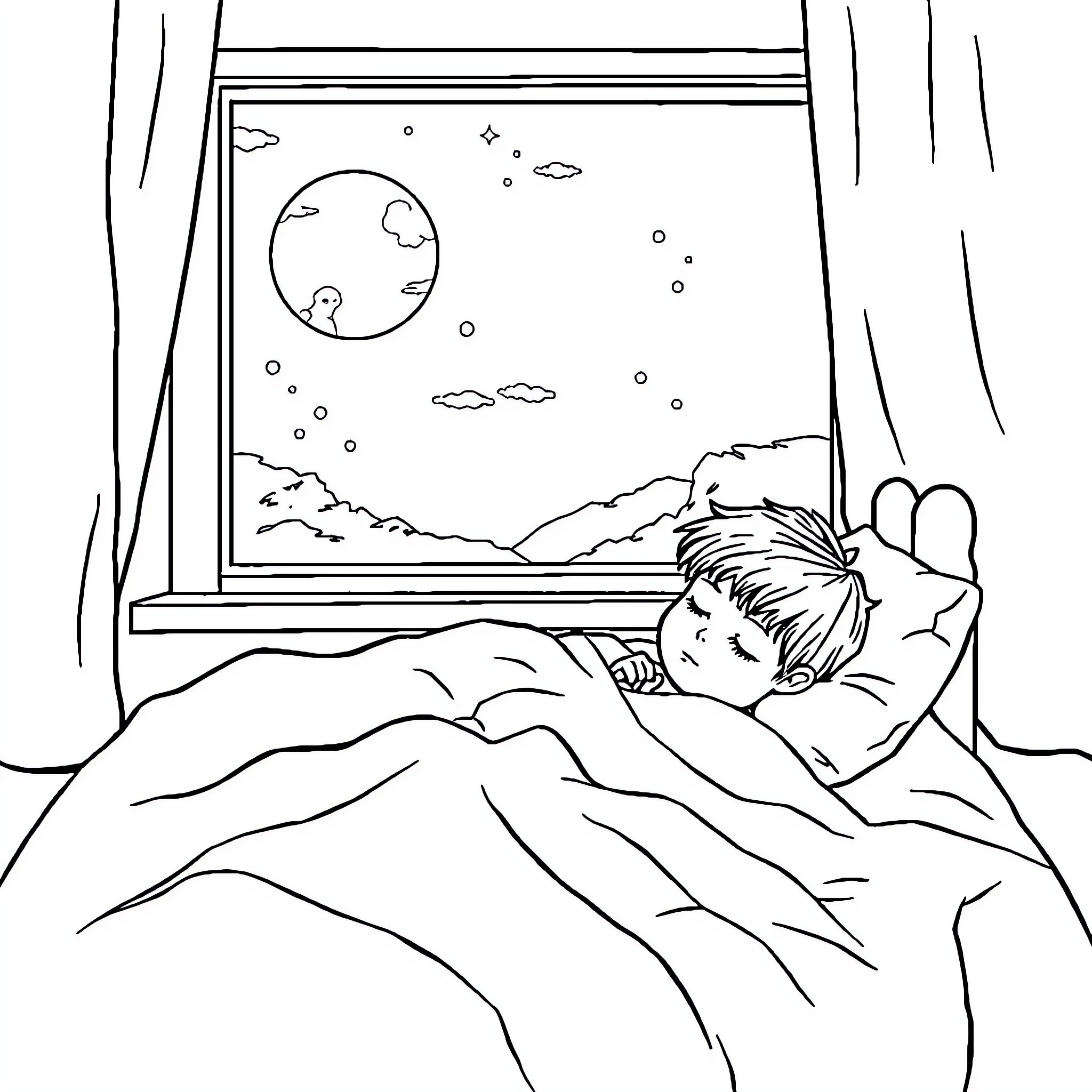 Child gazing at the night sky through window Coloring Page (free black-and-white line drawing printable PDF for all, from beginners to advanced learners, including children, teens, adults, and seniors)