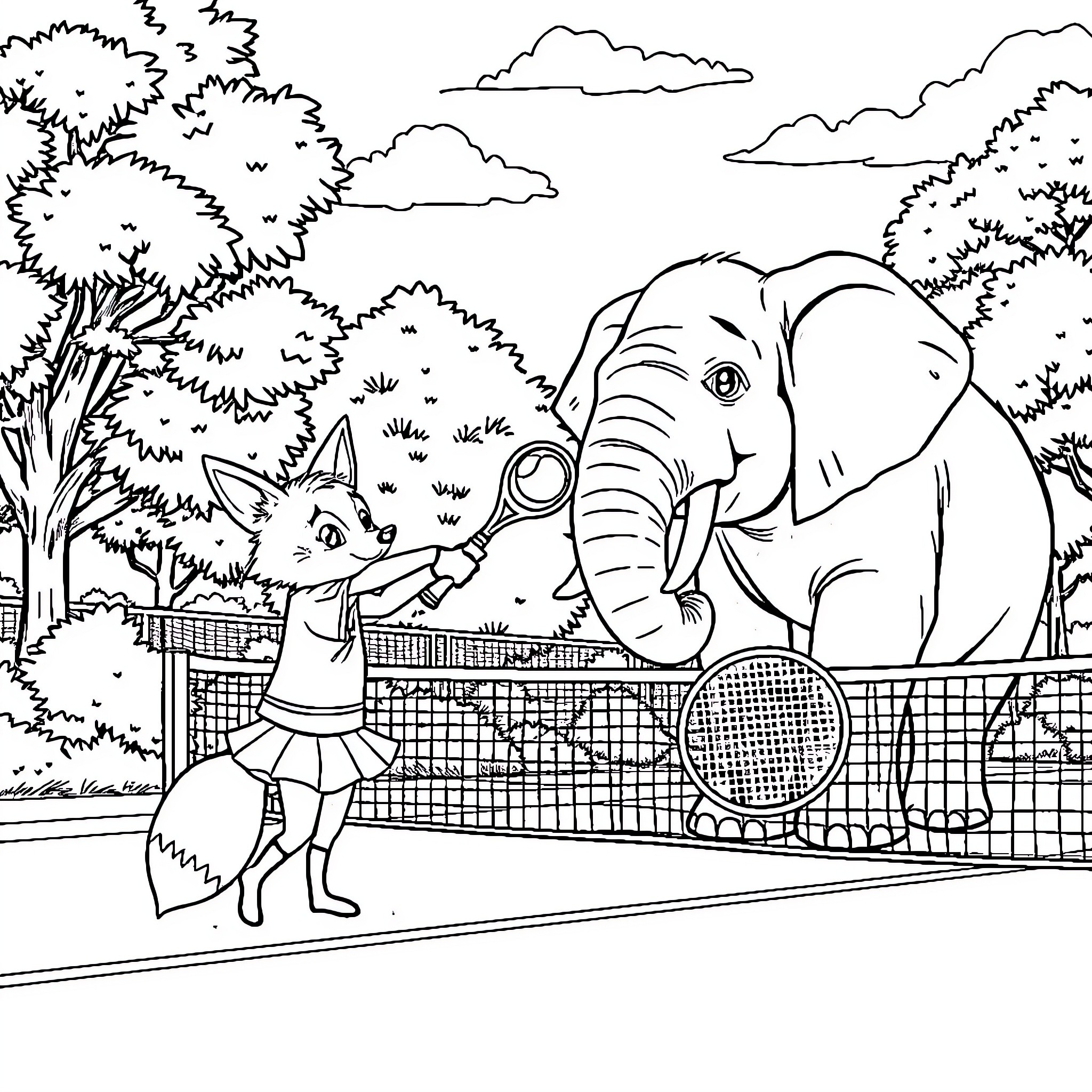 Fox playing tennis with large elephant in park Coloring Page (free black-and-white line drawing printable PDF for all, from beginners to advanced learners, including children, teens, adults, and seniors)