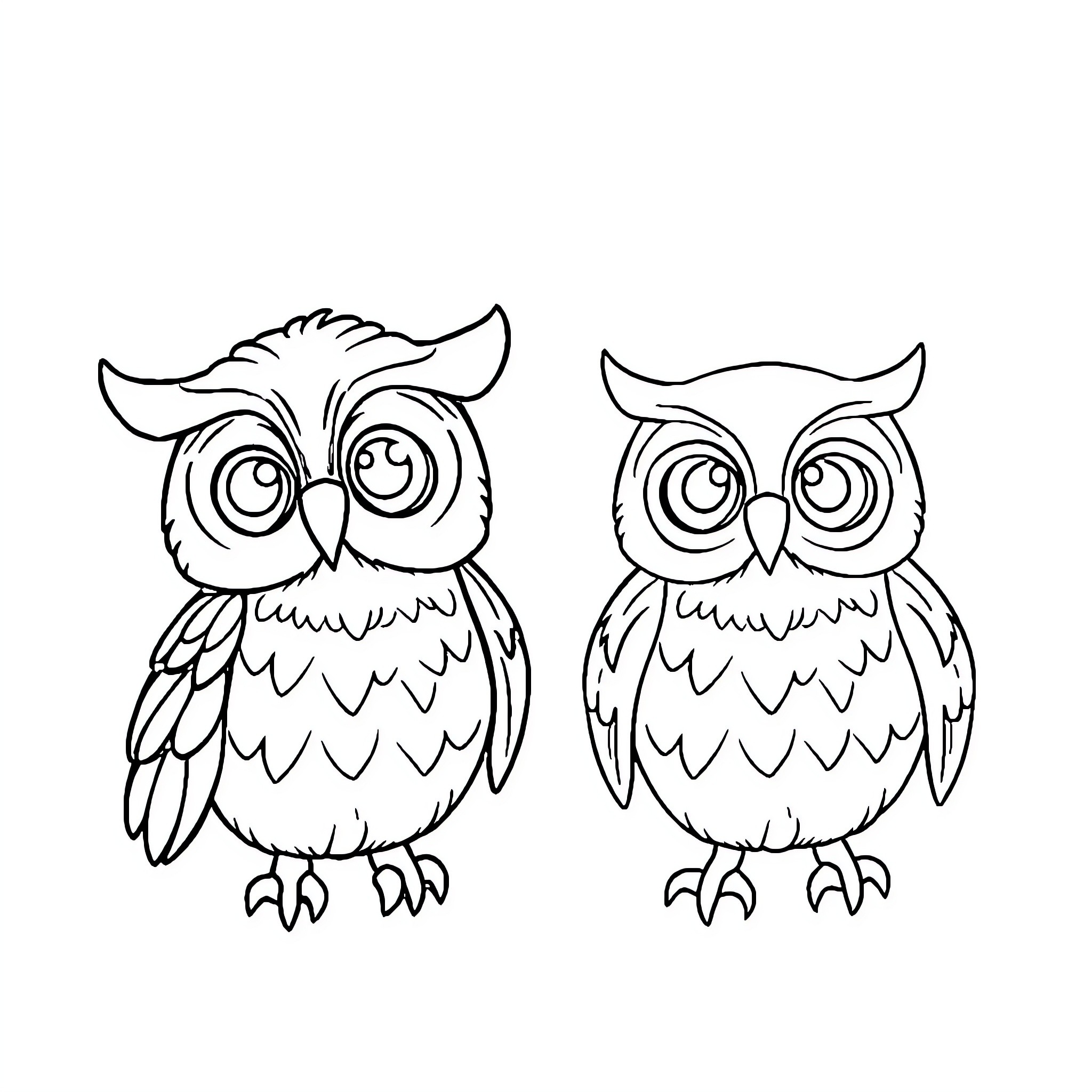Owl friends gazing curiously Coloring Page (free black-and-white line drawing printable PDF for all, from beginners to advanced learners, including children, teens, adults, and seniors)