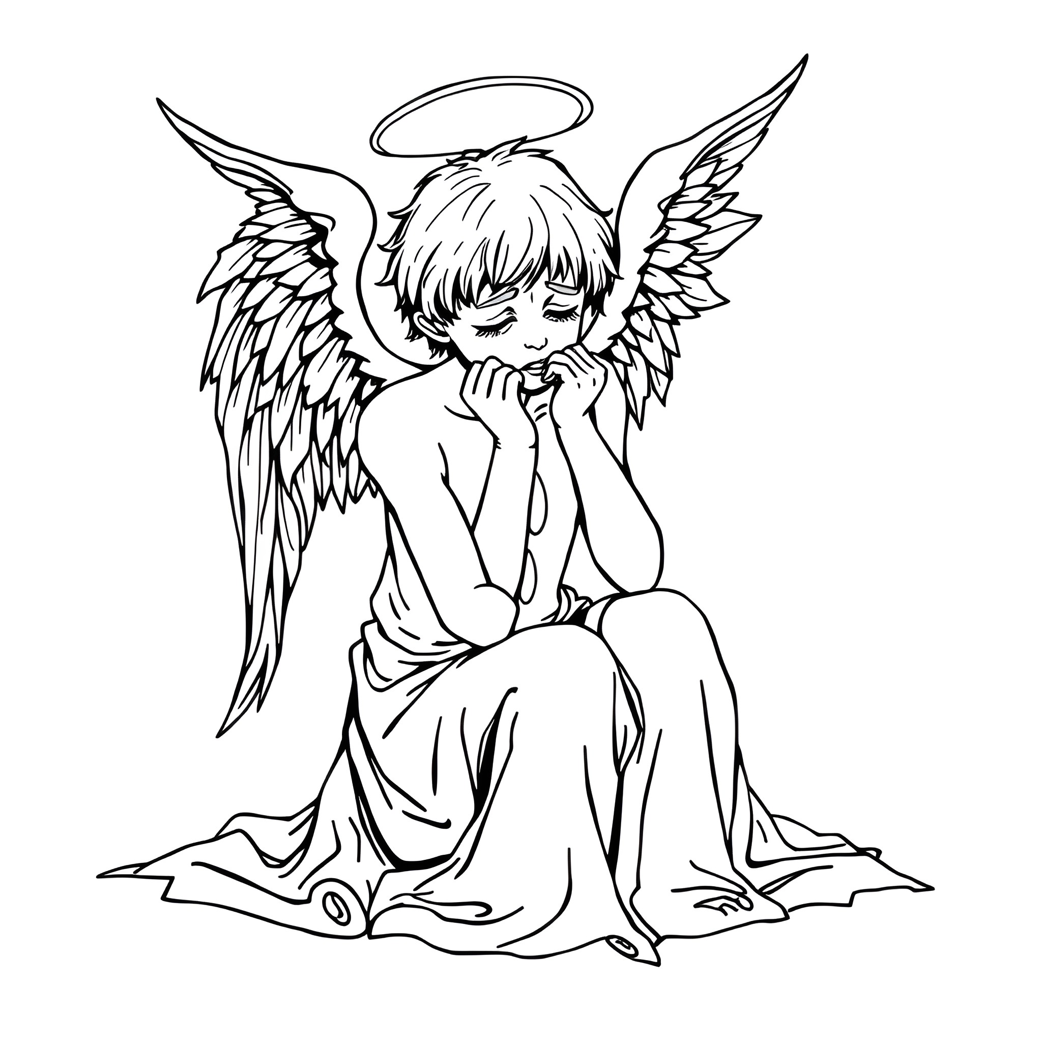 Angel in sorrow with wings and halo Coloring Page (free black-and-white line drawing printable PDF for all, from beginners to advanced learners, including children, teens, adults, and seniors)