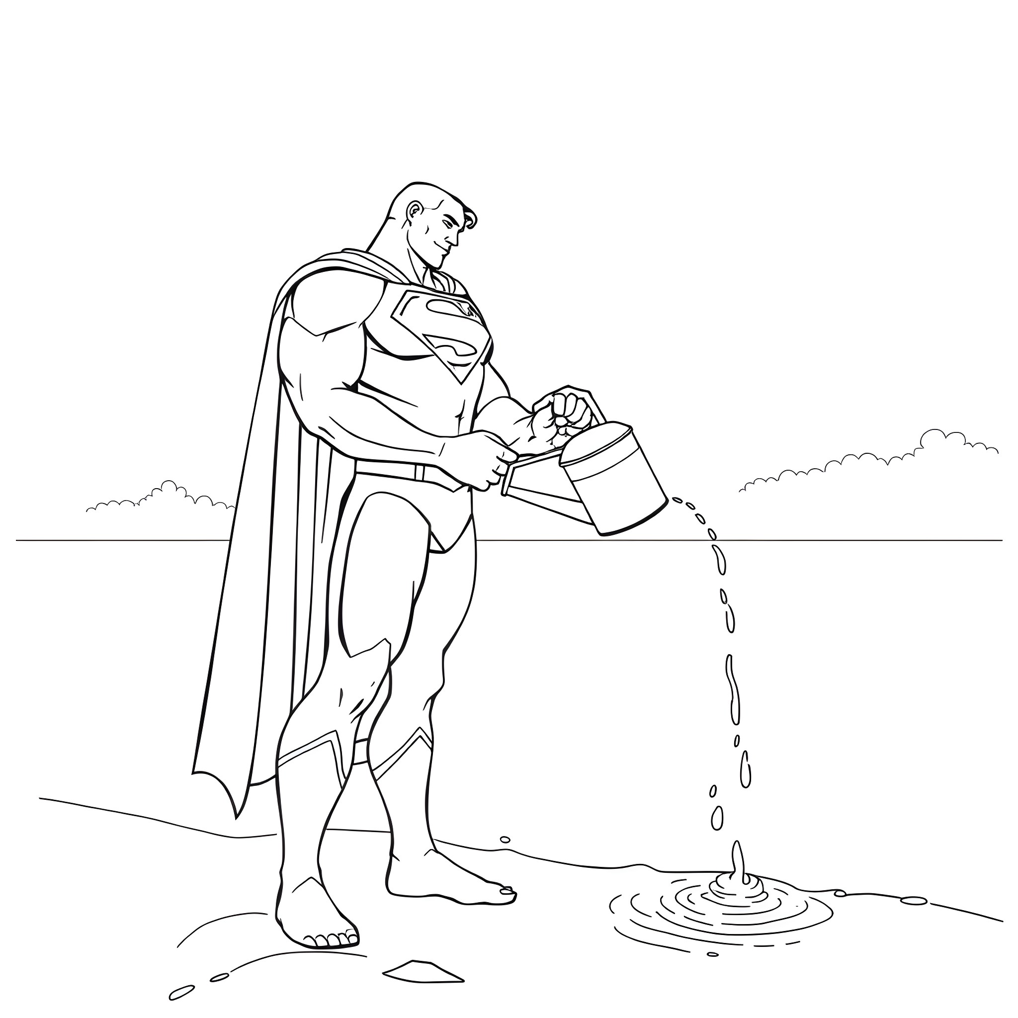 Superman watering a fountain in a field Coloring Page (free black-and-white line drawing printable PDF for all, from beginners to advanced learners, including children, teens, adults, and seniors)